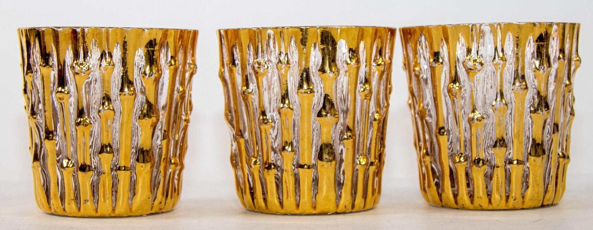 1960s Hand Painted 22-Karat Bamboo Rocks Glasses, Set of 3 Old Fashioned Barware For Sale 4