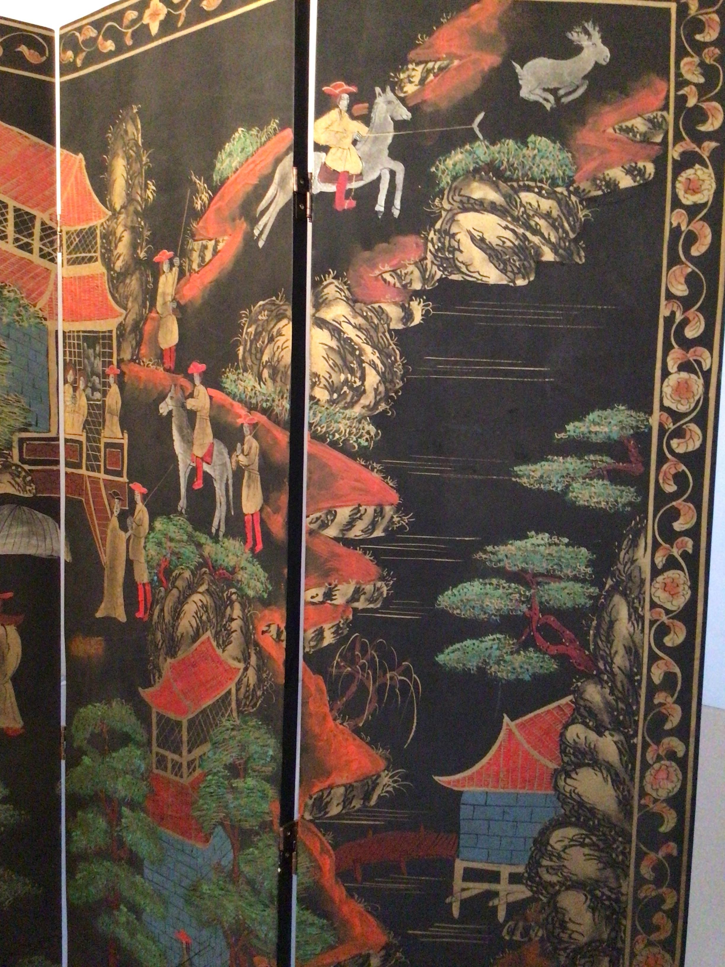 1960er Jahre Handbemalte 4-Panel-Faltwand im Angebot 3