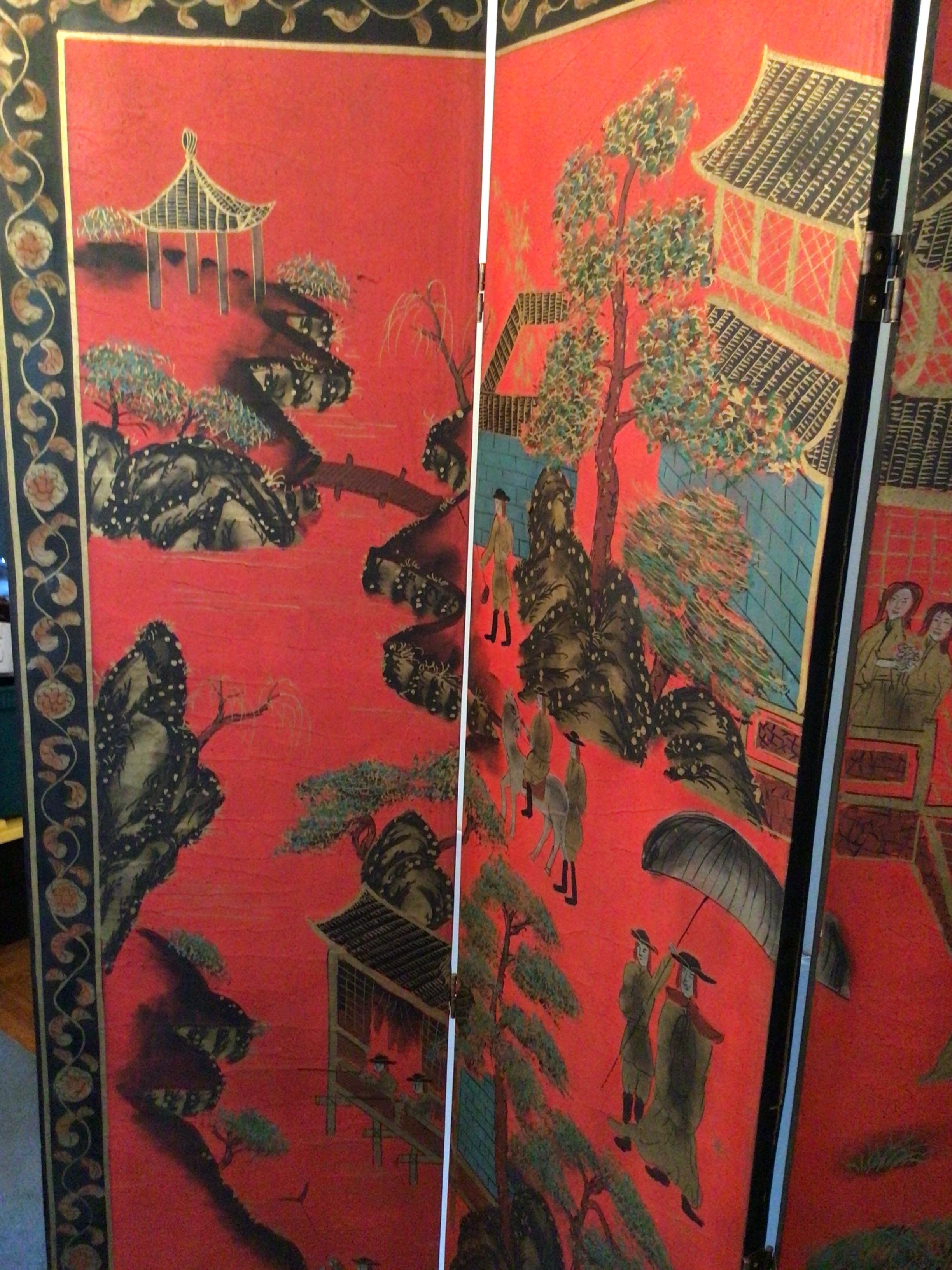 1960er Jahre Handbemalte 4-Panel-Faltwand (Chinoiserie) im Angebot