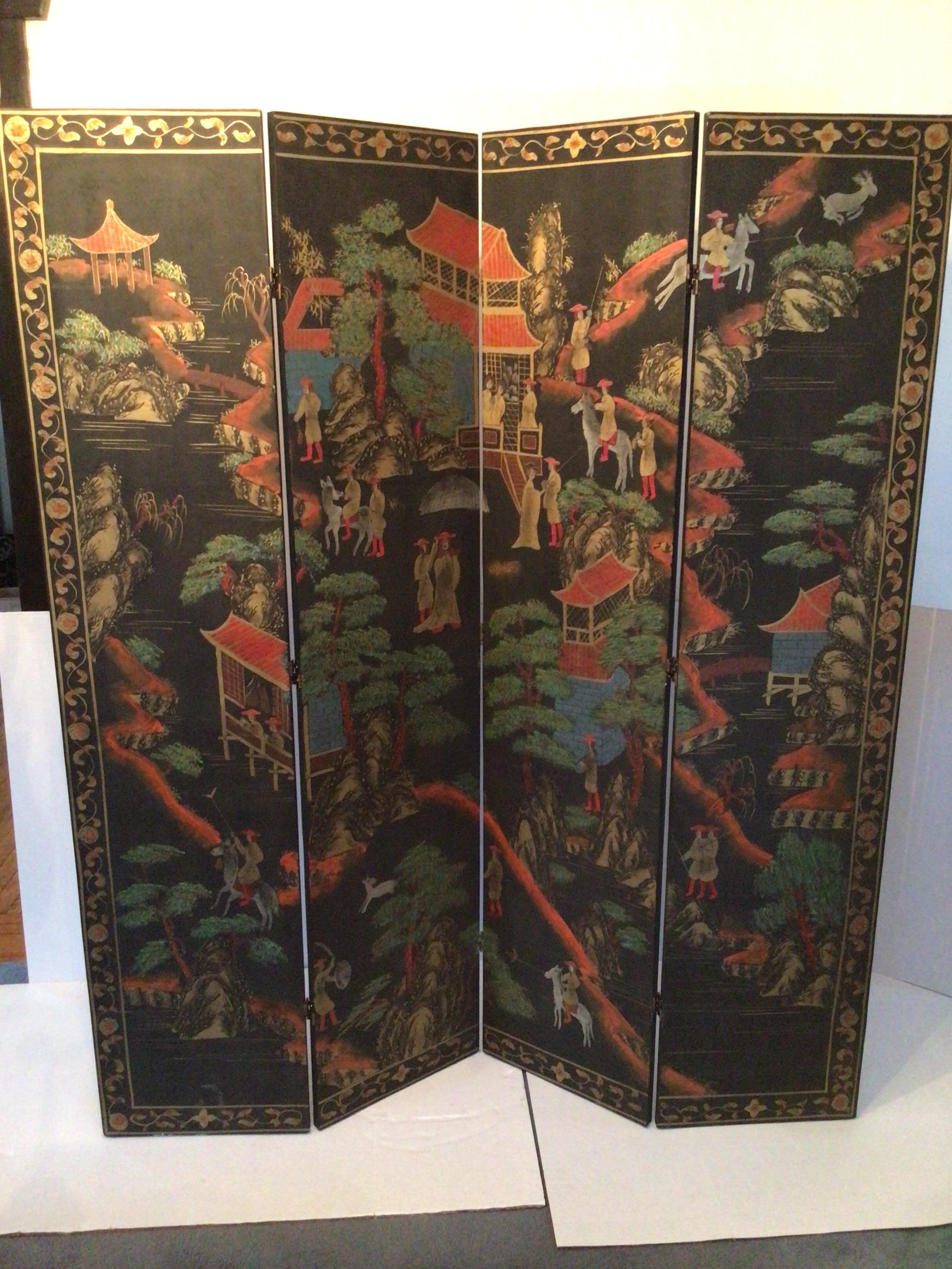 1960er Jahre Handbemalte 4-Panel-Faltwand (Messing) im Angebot