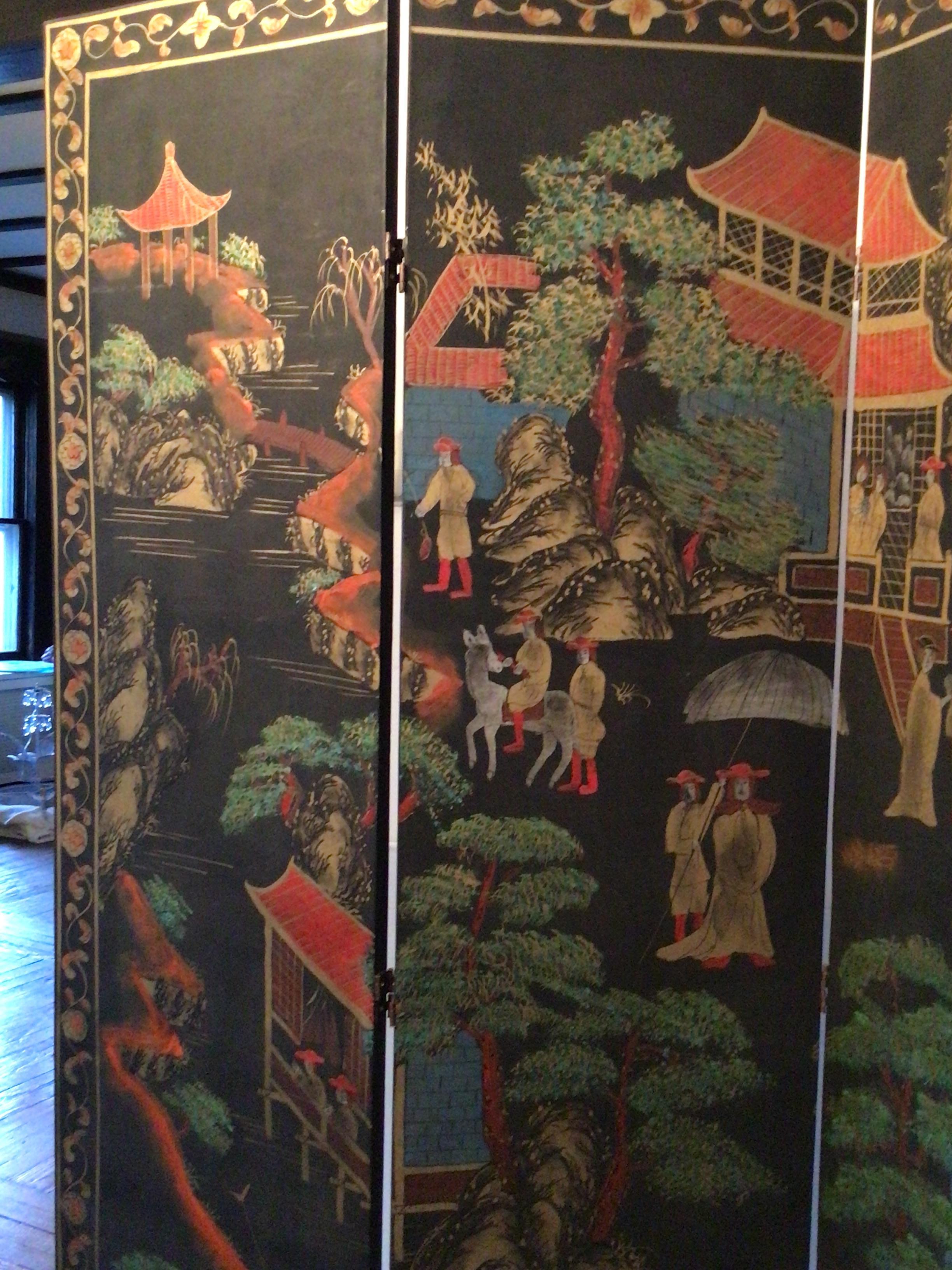 1960er Jahre Handbemalte 4-Panel-Faltwand im Angebot 1