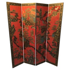 1960s Hand-Painted 4-Panel Folding Screen