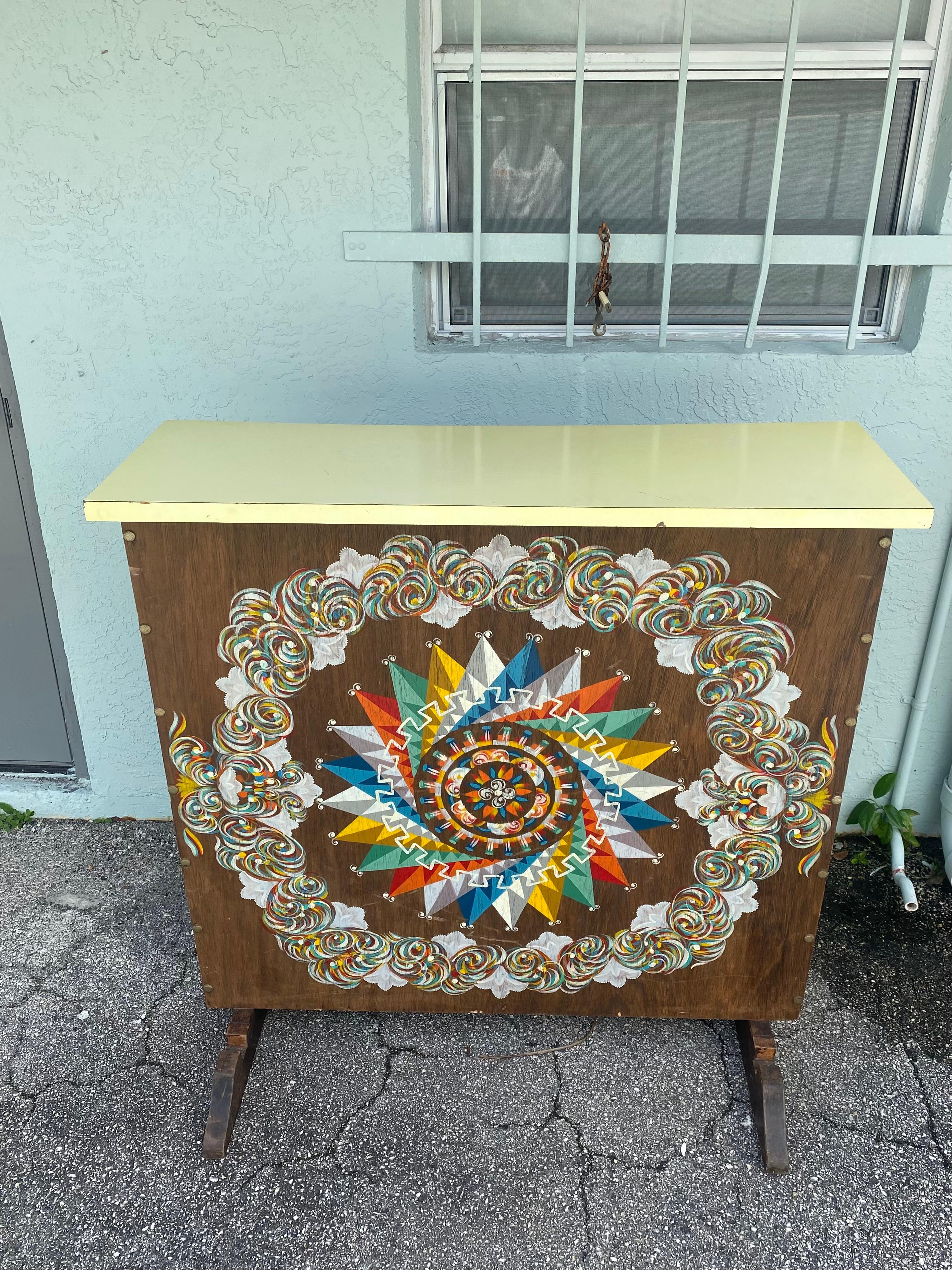 1960s Hand Painted Colorful Art Deco Bar Cabinet In Good Condition For Sale In Fort Lauderdale, FL