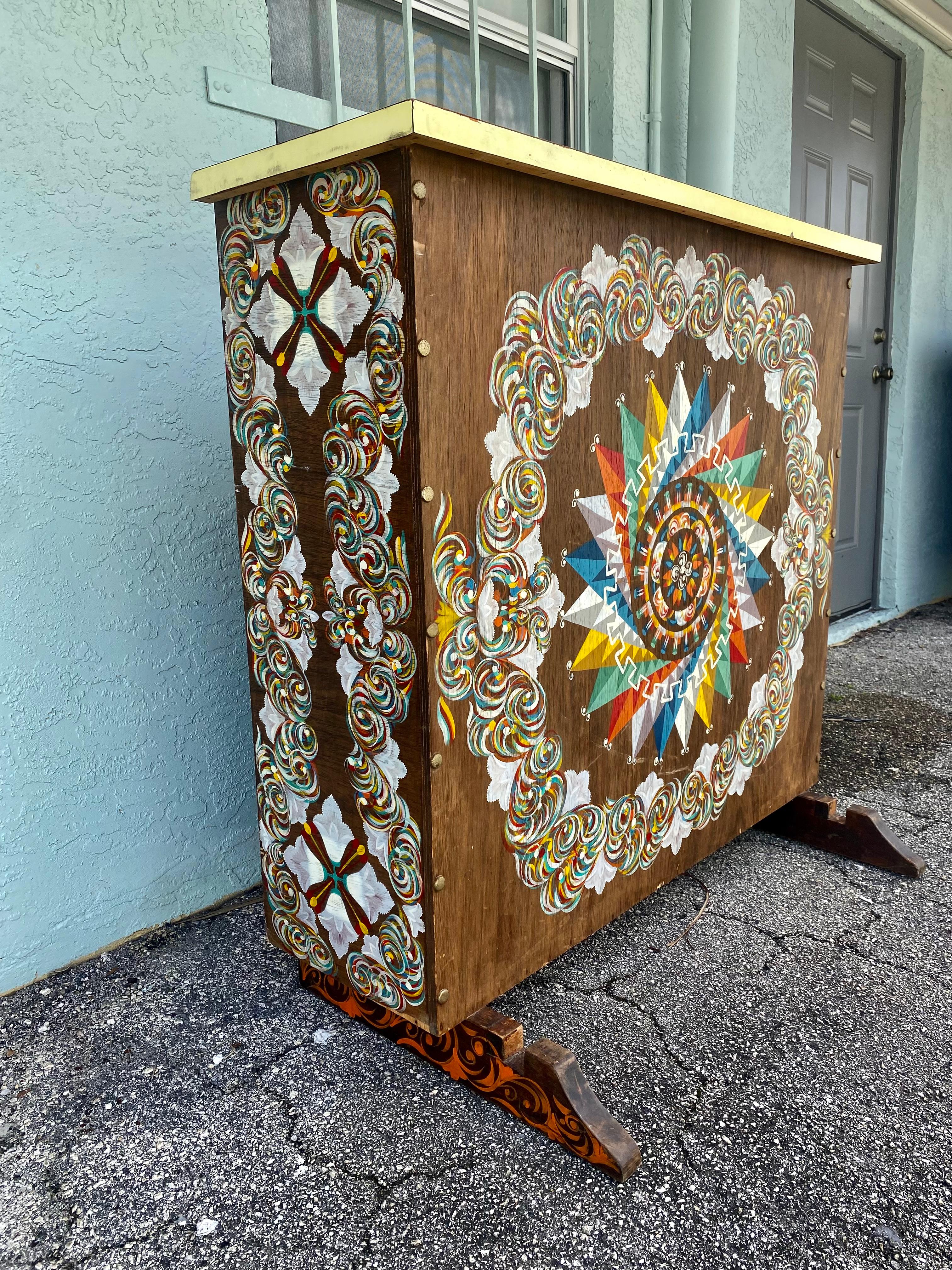 Mid-20th Century 1960s Hand Painted Colorful Art Deco Bar Cabinet For Sale