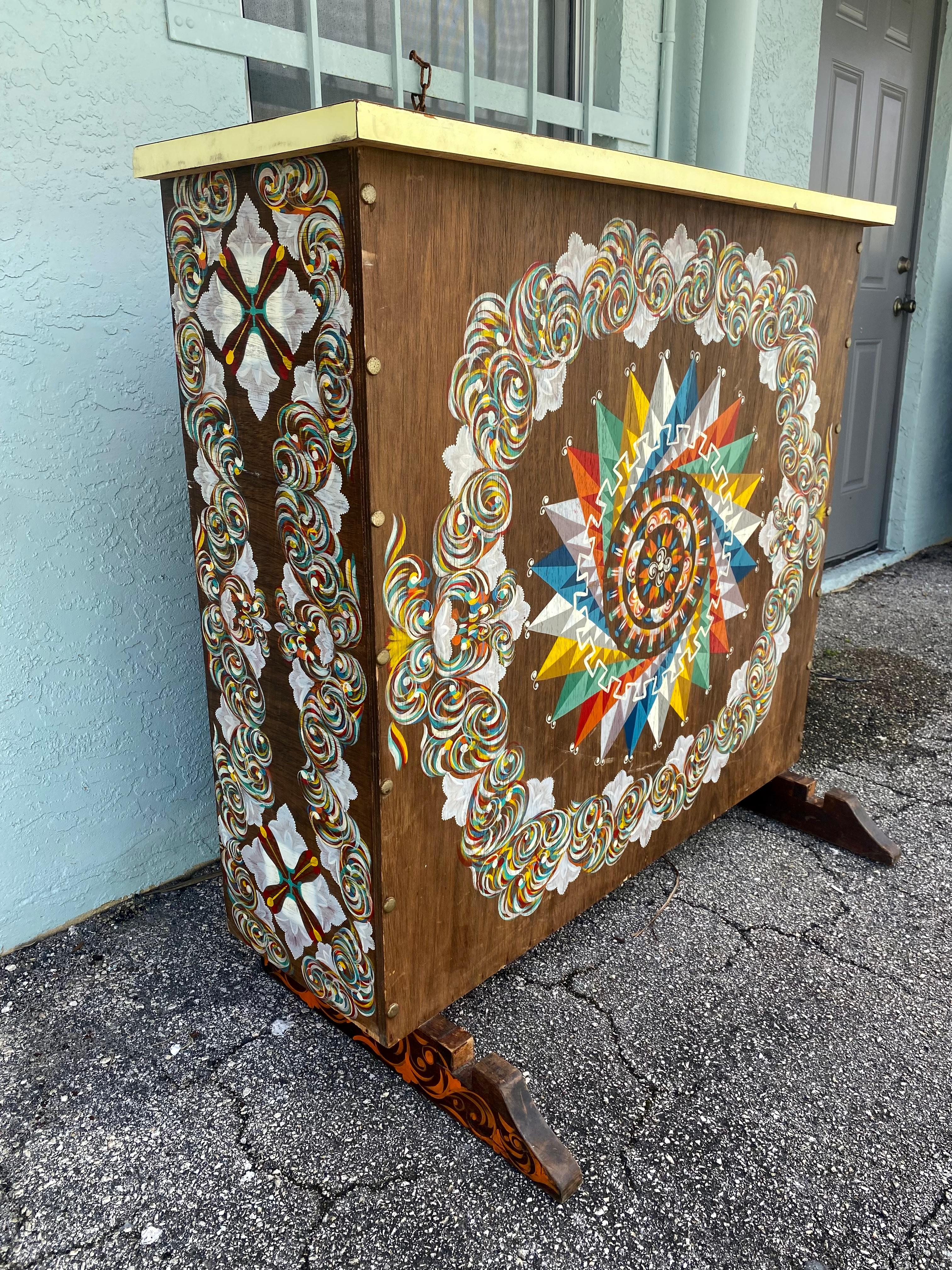 Laminate 1960s Hand Painted Colorful Art Deco Bar Cabinet For Sale