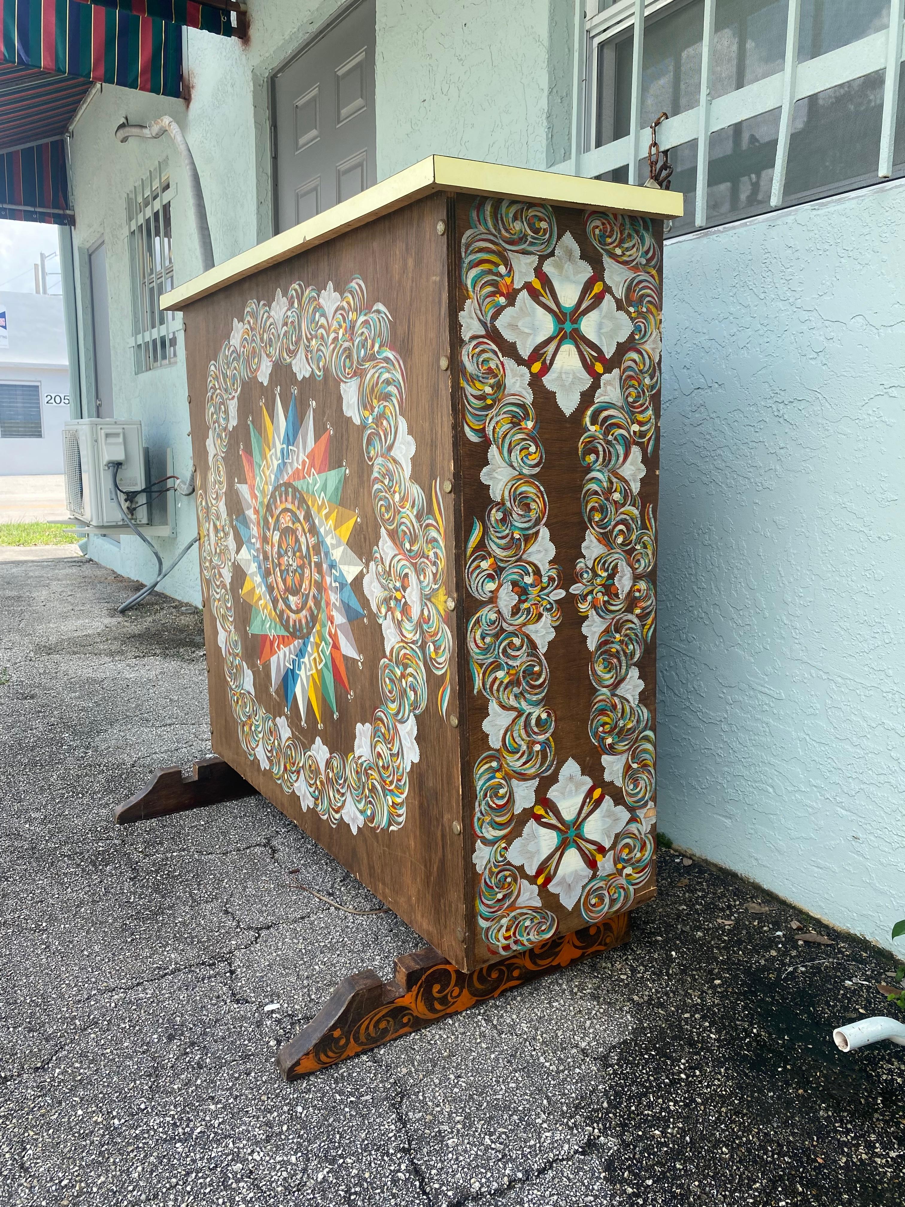 1960s Hand Painted Colorful Art Deco Bar Cabinet For Sale 1