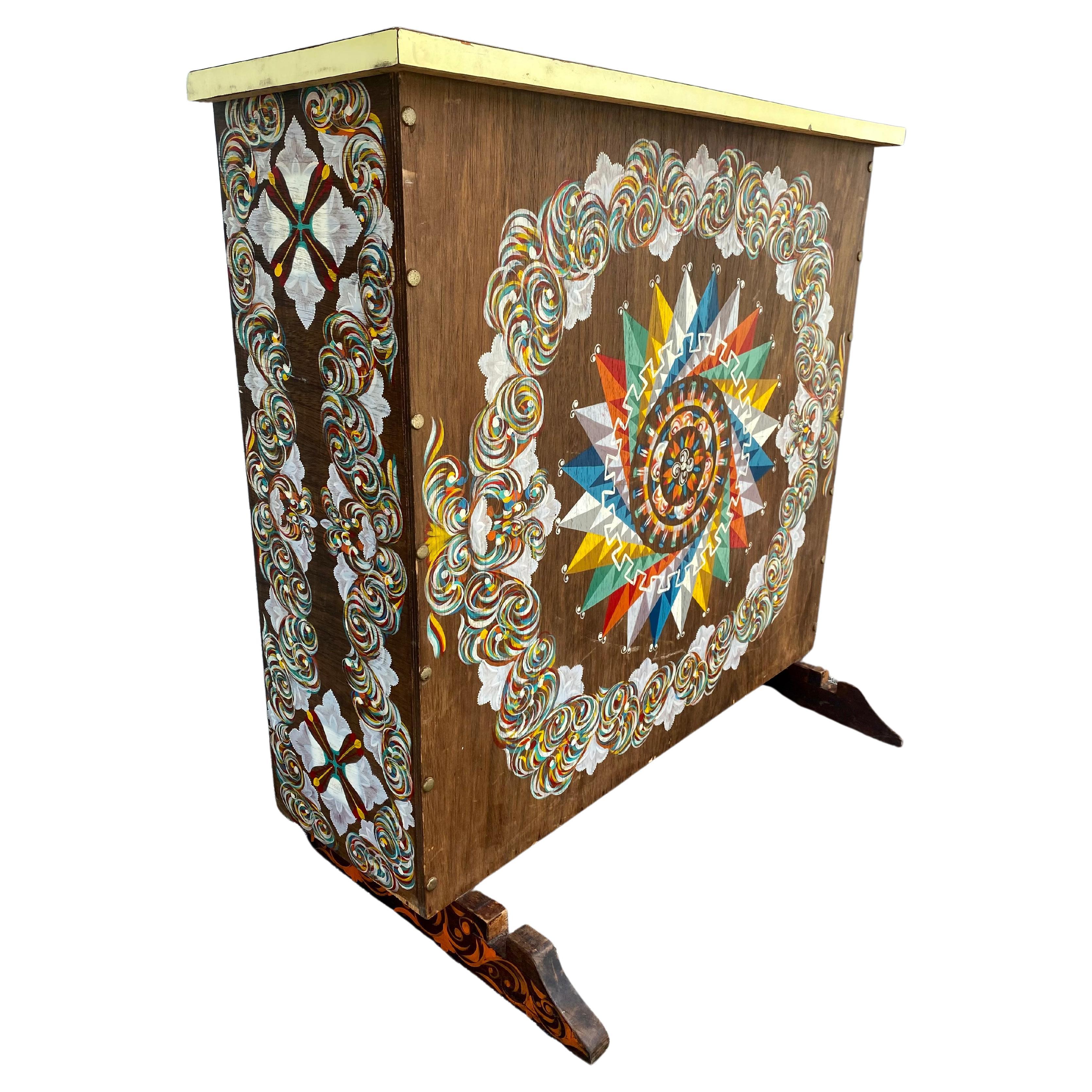 1960s Hand Painted Colorful Art Deco Bar Cabinet For Sale