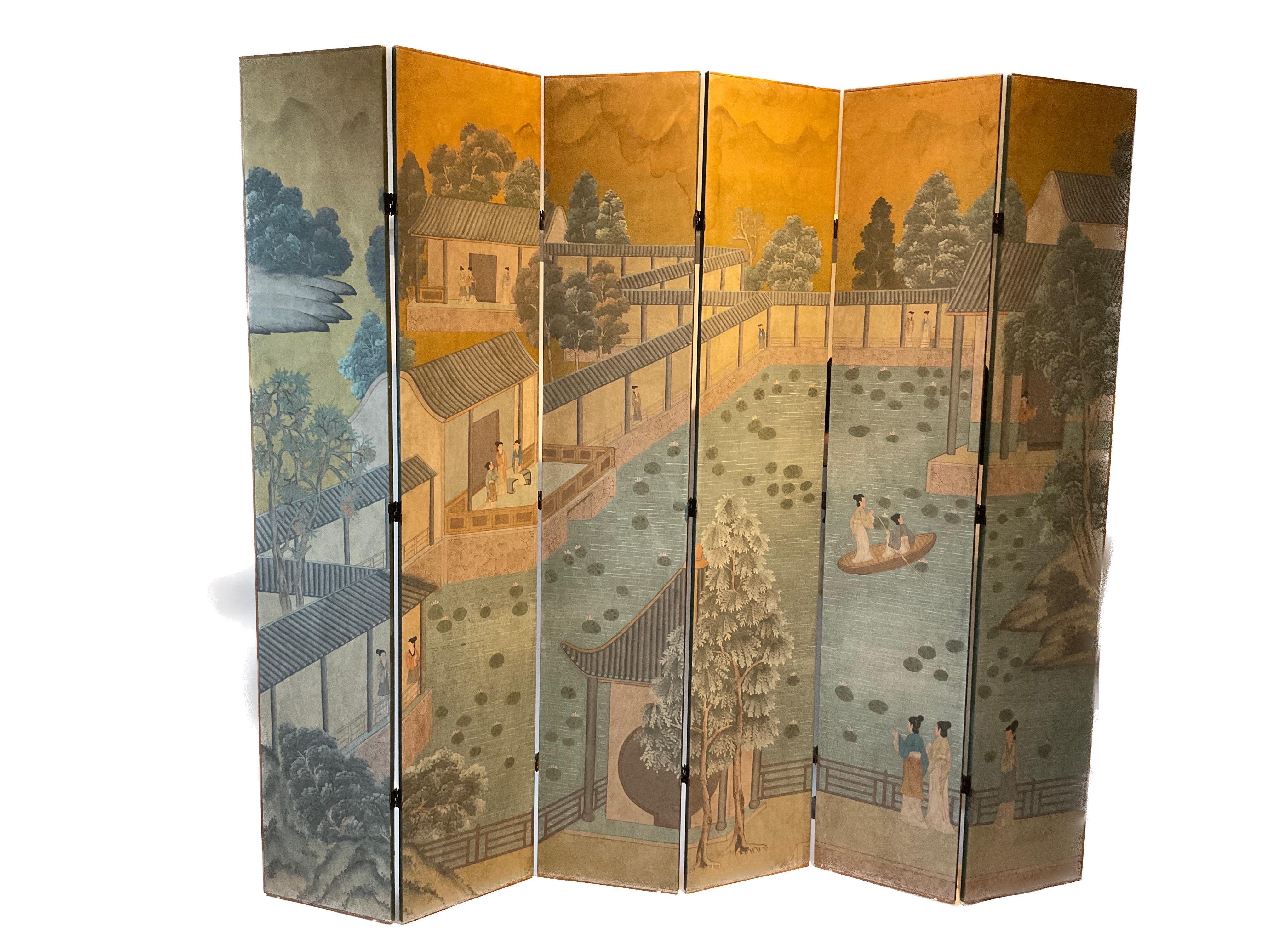 1960s Hand Painted Asian 6 Panel  Wood Screen 9