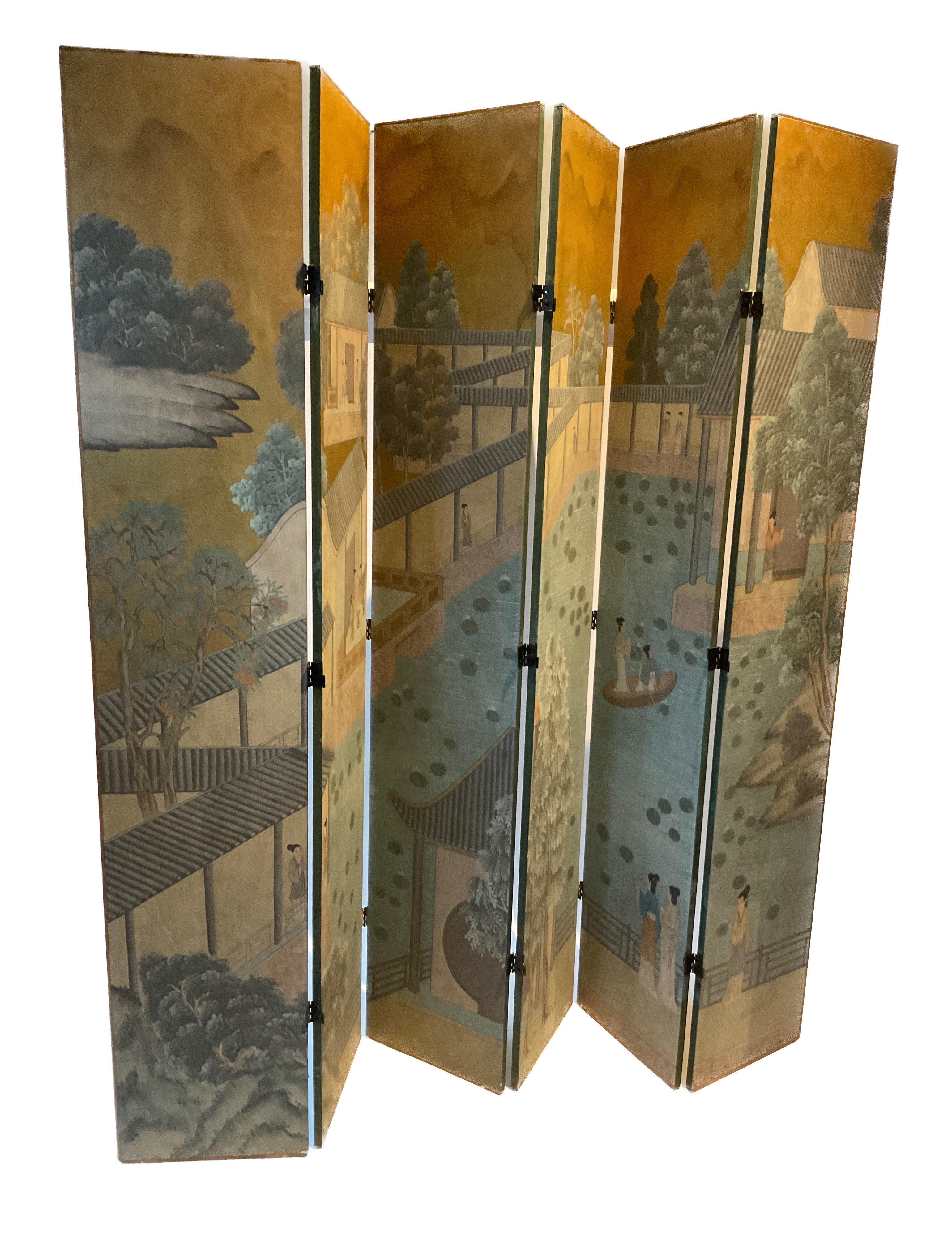 1960s Hand Painted Asian 6 Panel  Wood Screen In Good Condition In Tarrytown, NY