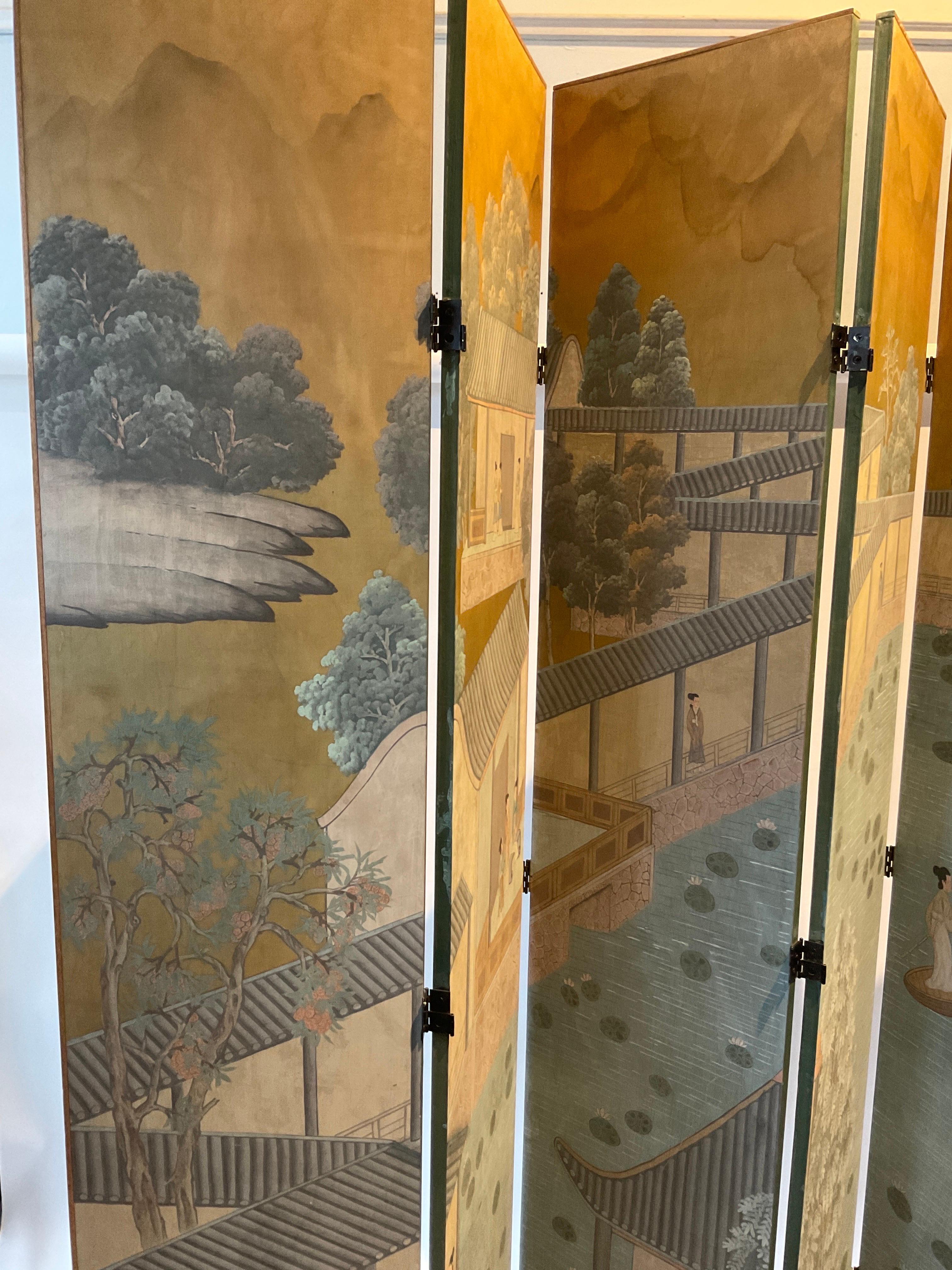 Mid-20th Century 1960s Hand Painted Asian 6 Panel  Wood Screen