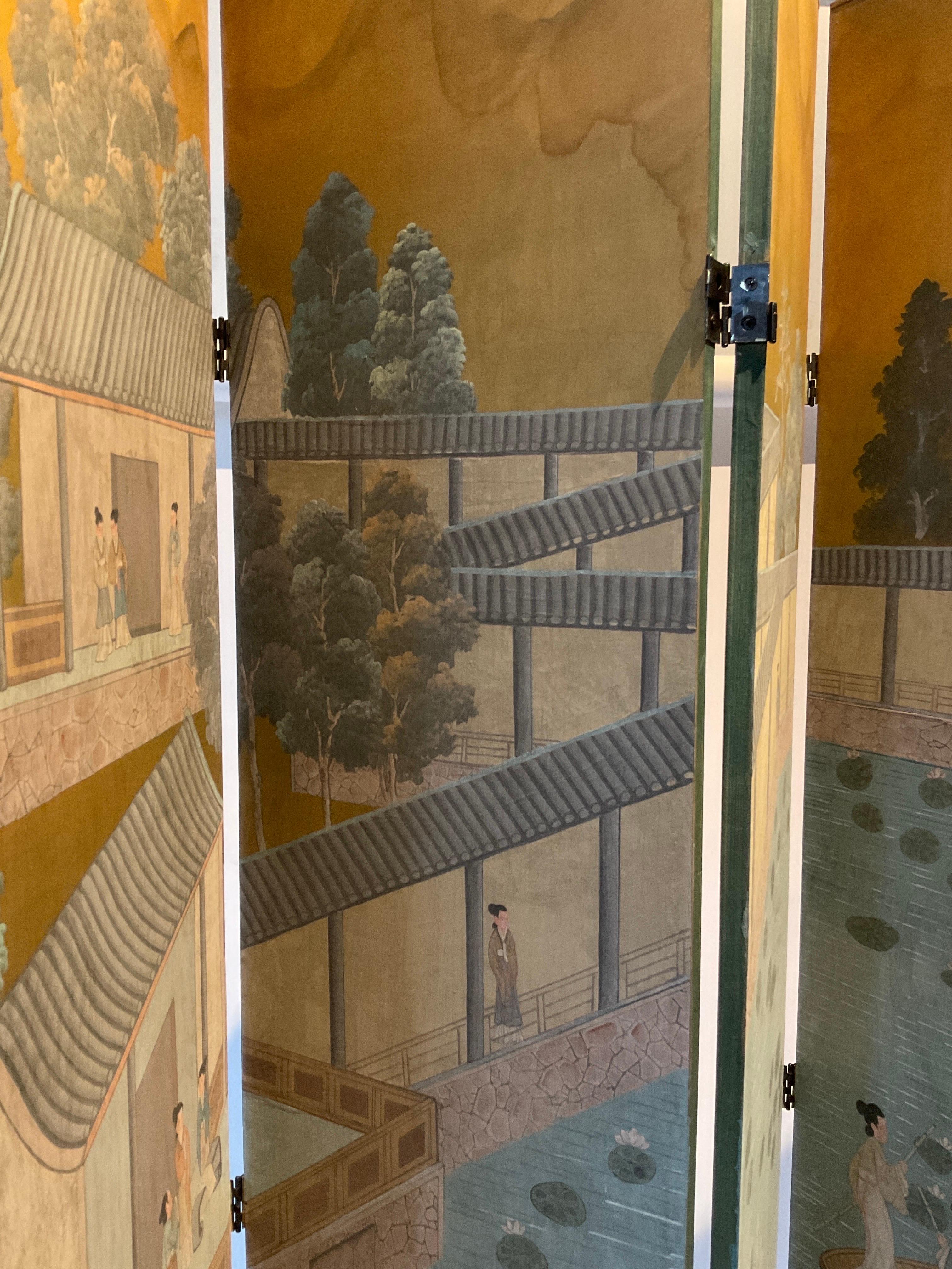 1960s Hand Painted Asian 6 Panel  Wood Screen 2