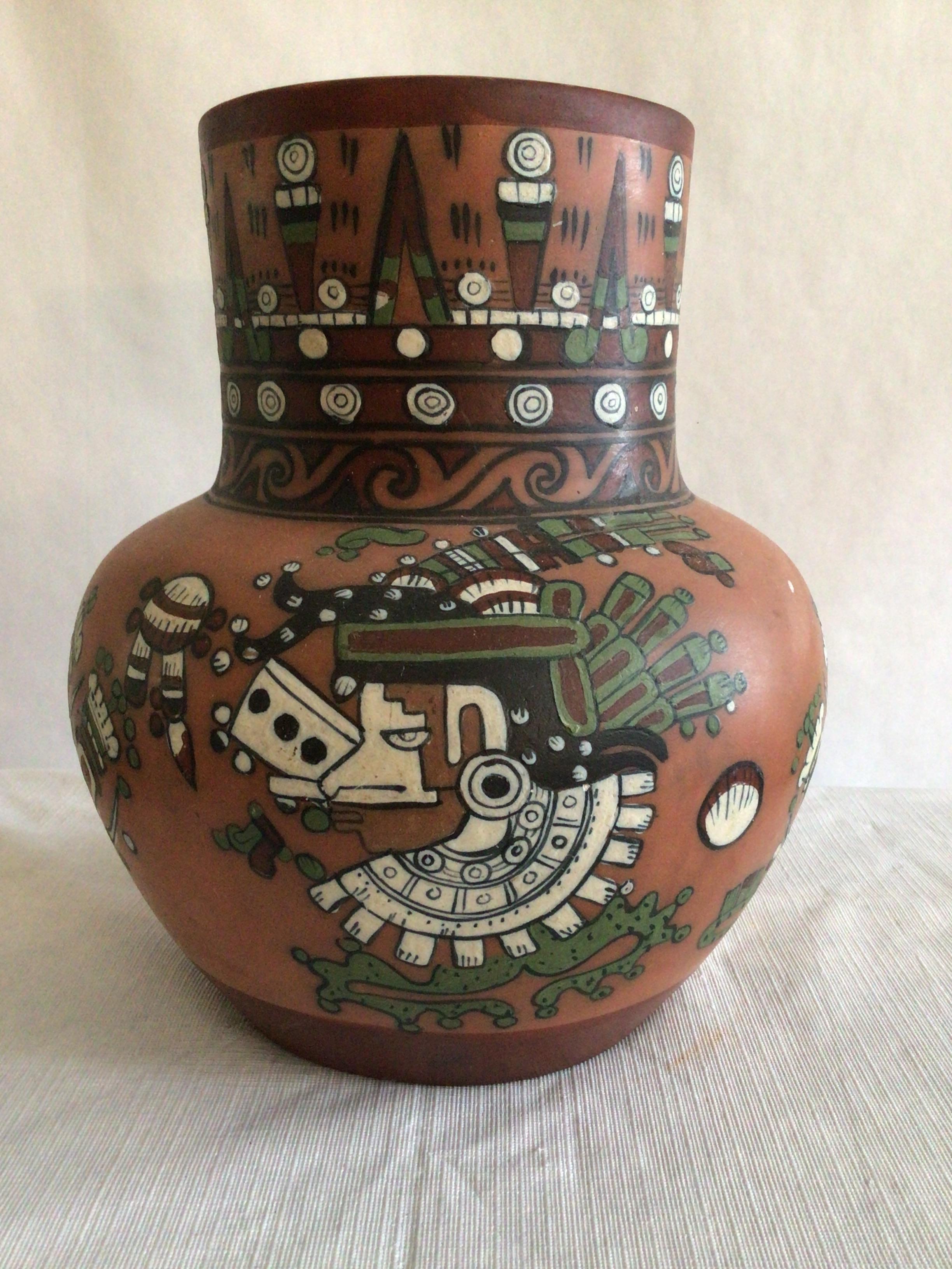 1960s Hand-Painted Aztec Vase.
 