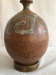 1960s Hand Painted Brown and Grey Ceramic Table Lamp