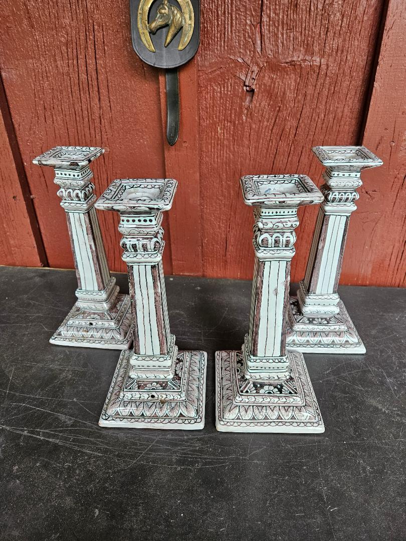 Mid-20th Century 1960's Hand Painted Classical Column Portuguese Faience Candlesticks  For Sale