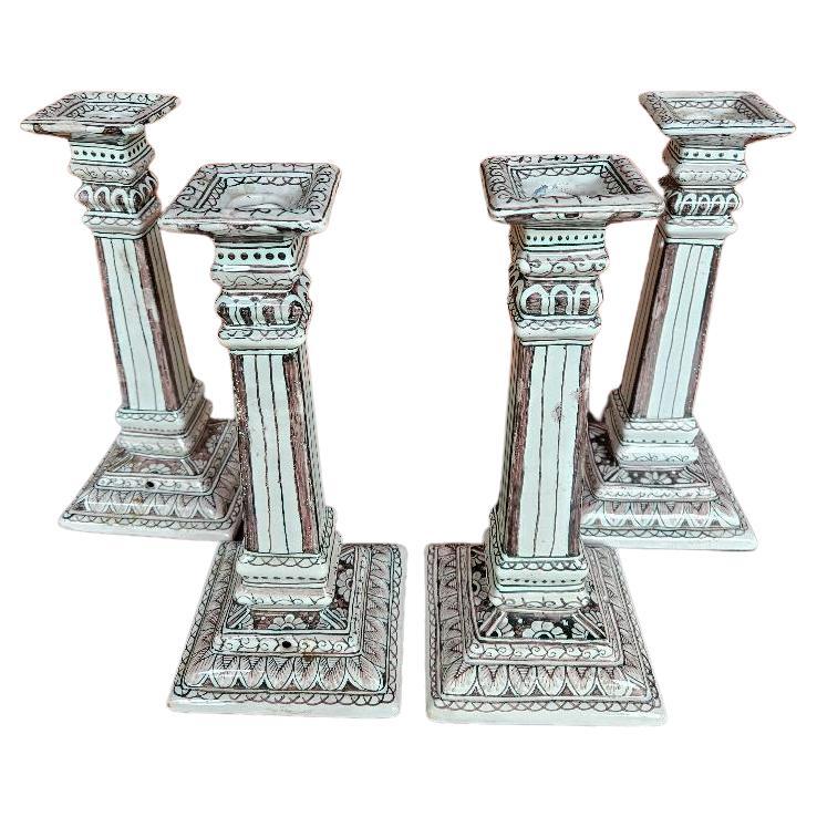 1960's Hand Painted Classical Column Portuguese Faience Candlesticks  For Sale