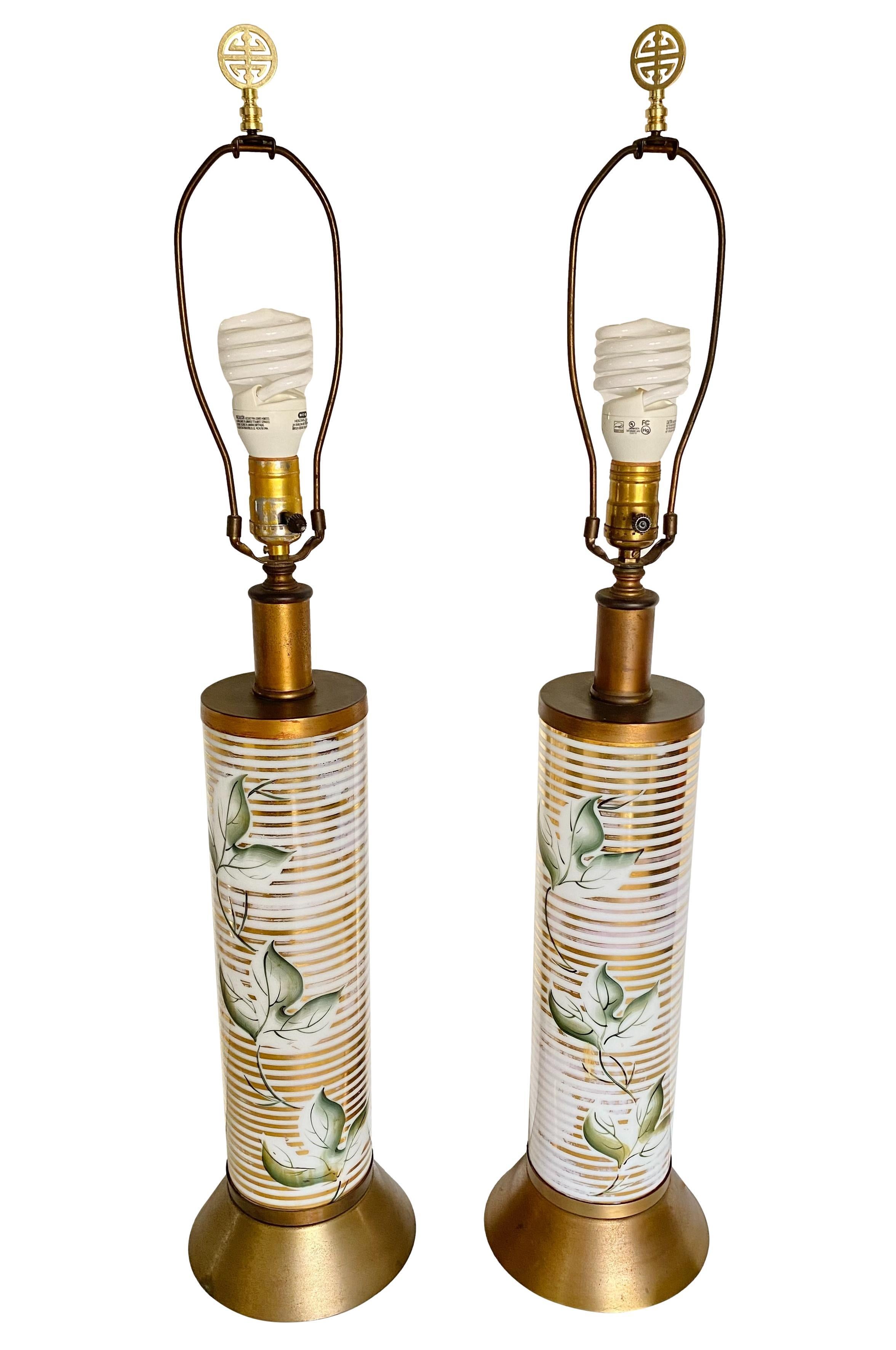 1960s, Hand Painted & Gilded Ceramic Pillar Lamps, a Pair 4