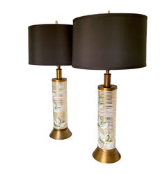1960s, Hand Painted & Gilded Ceramic Pillar Lamps, a Pair