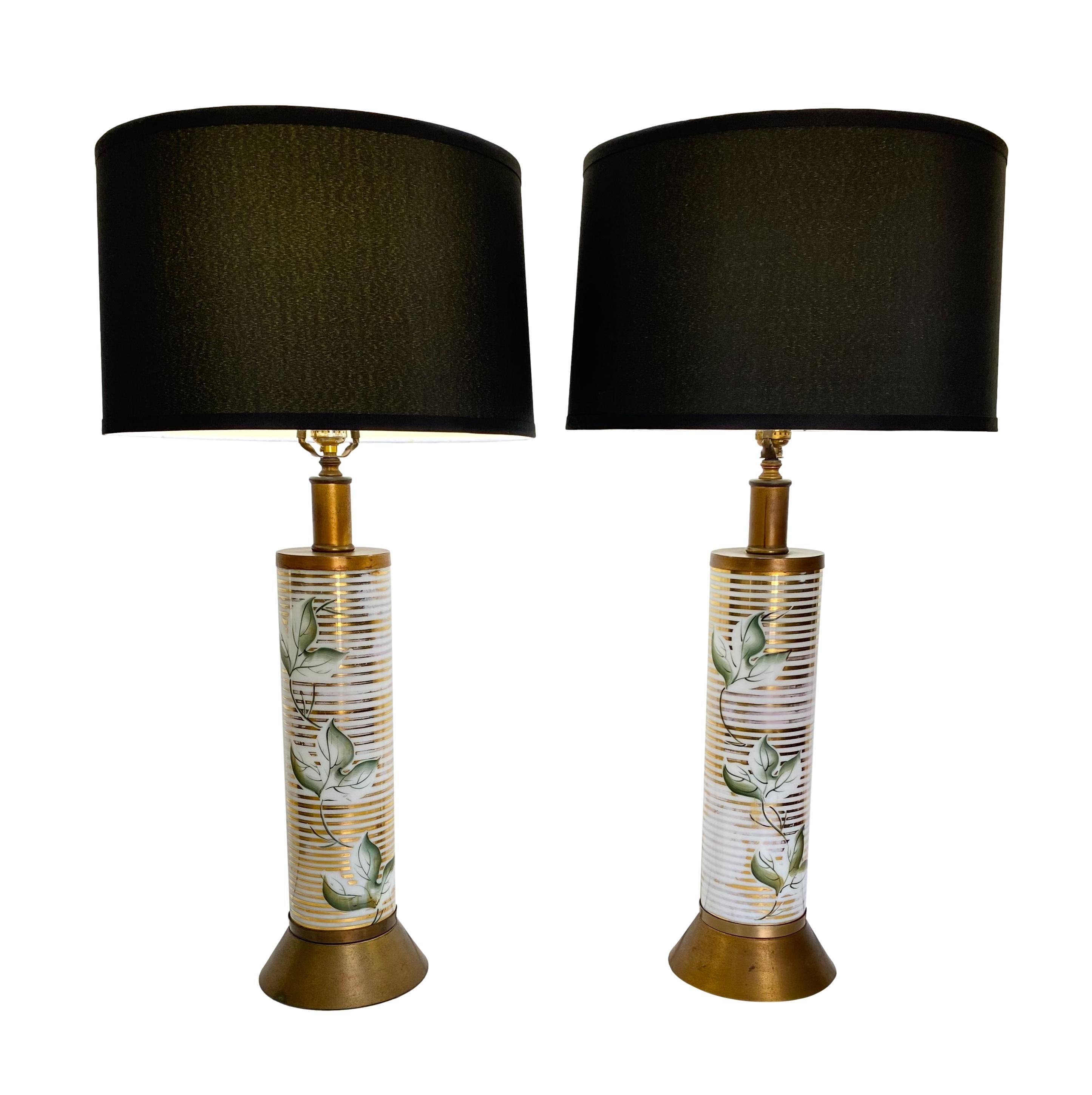 Hollywood Regency 1960s, Hand Painted & Gilded Ceramic Pillar Lamps, a Pair