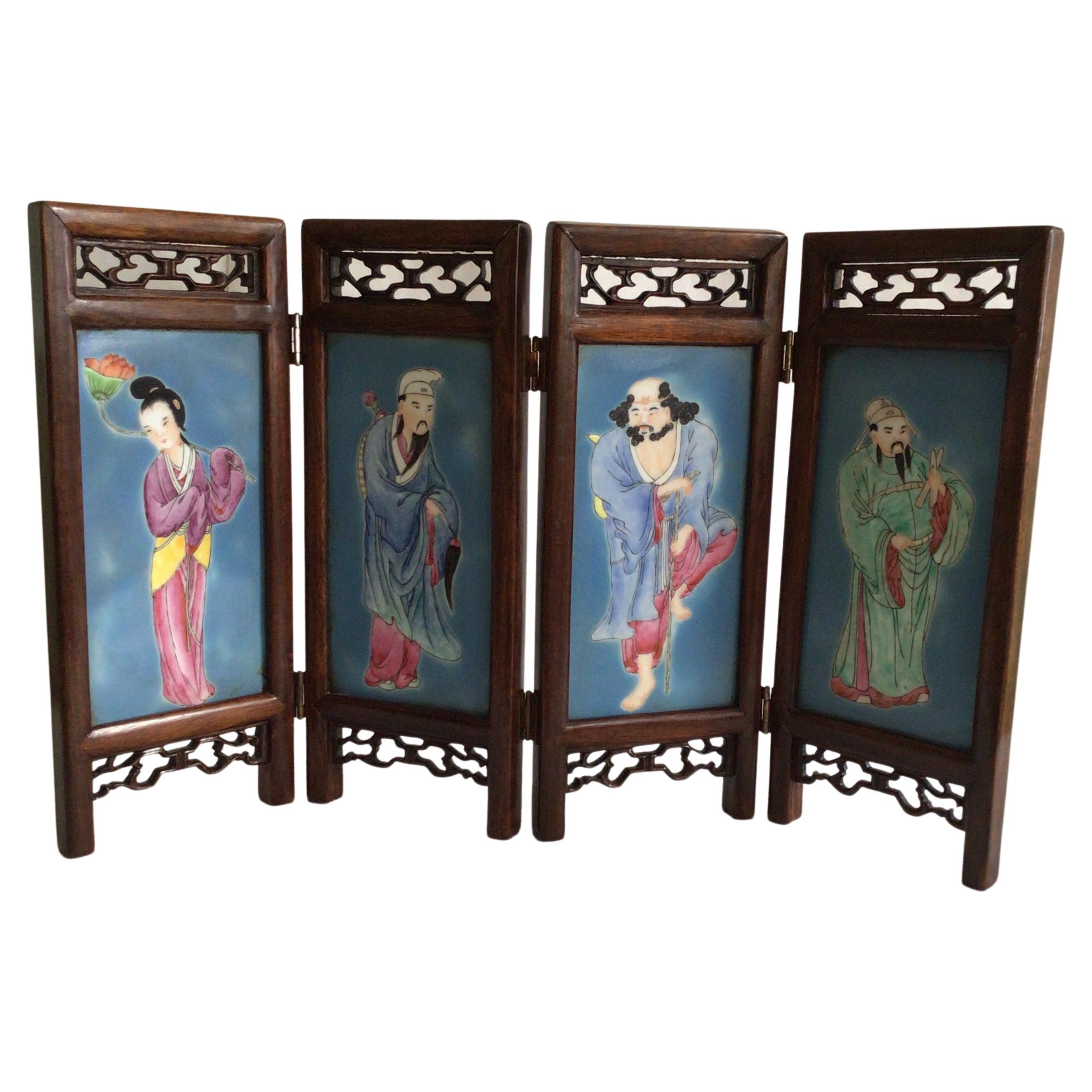 1960s Hand-Painted Wood and Porcelain Tabletop Screen