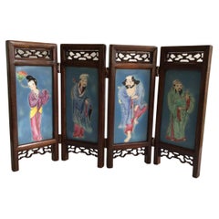 1960s Hand-Painted Wood and Porcelain Tabletop Screen