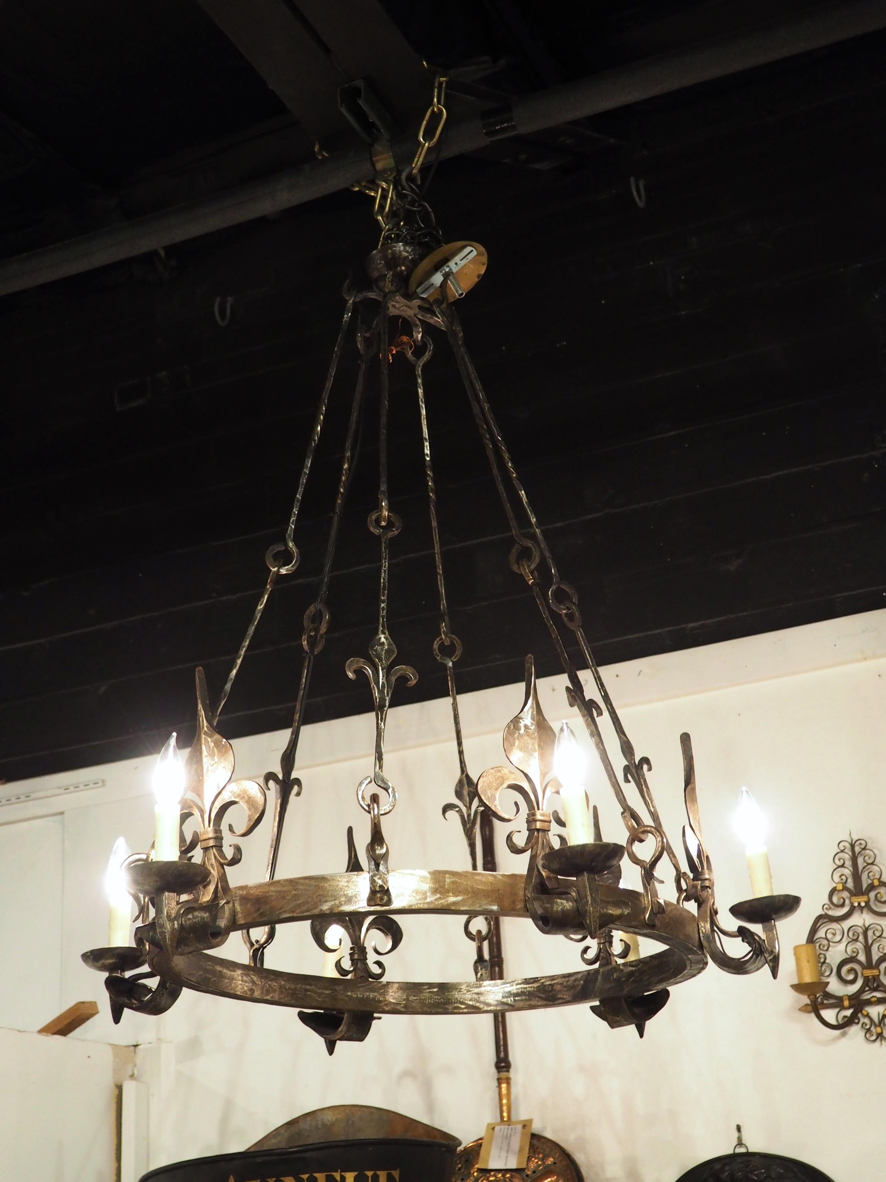 1960s Hand Wrought Iron Oval Fleur De Lys Chandelier from Brittany, France For Sale 8