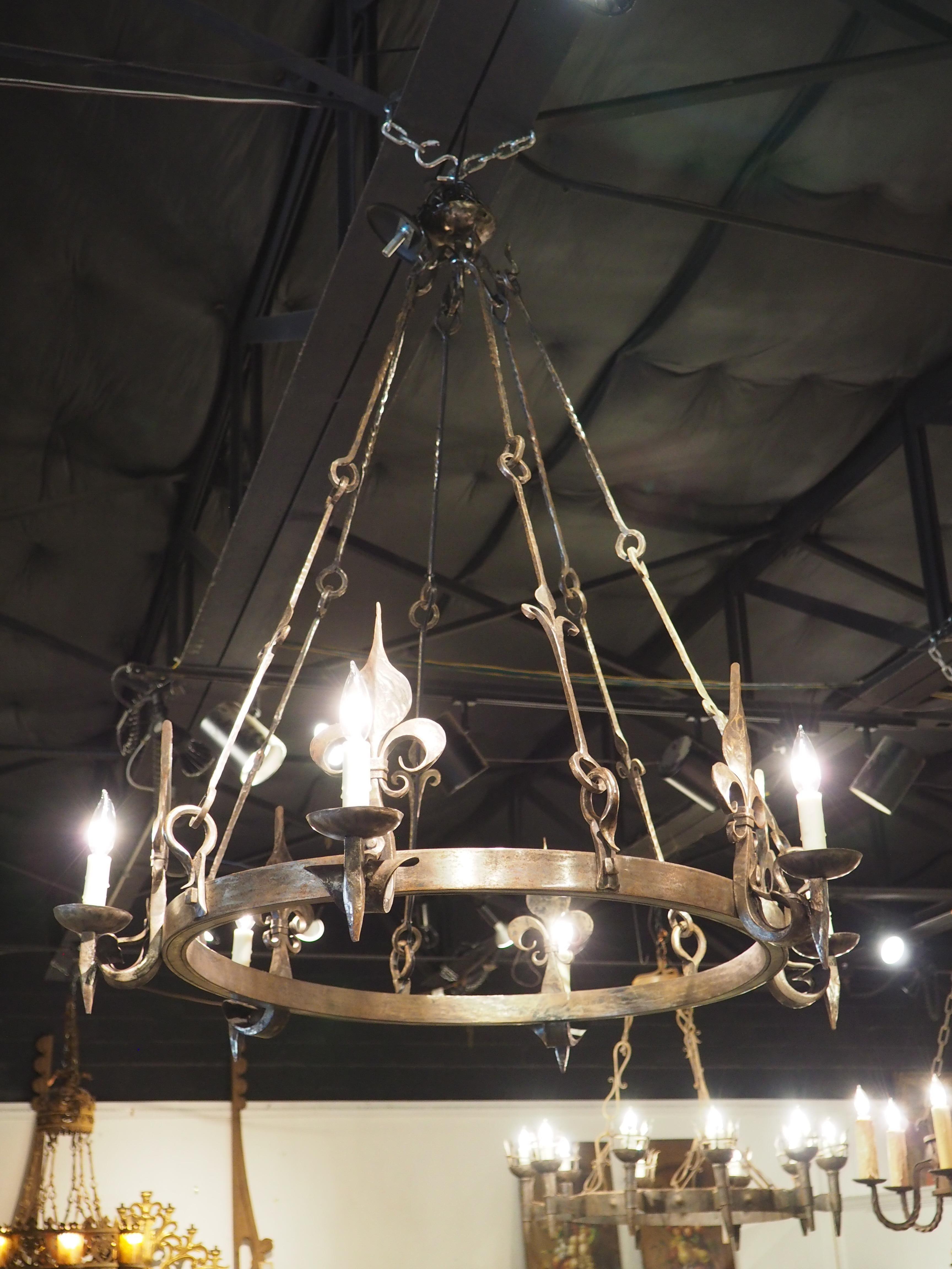 1960s Hand Wrought Iron Oval Fleur De Lys Chandelier from Brittany, France For Sale 9