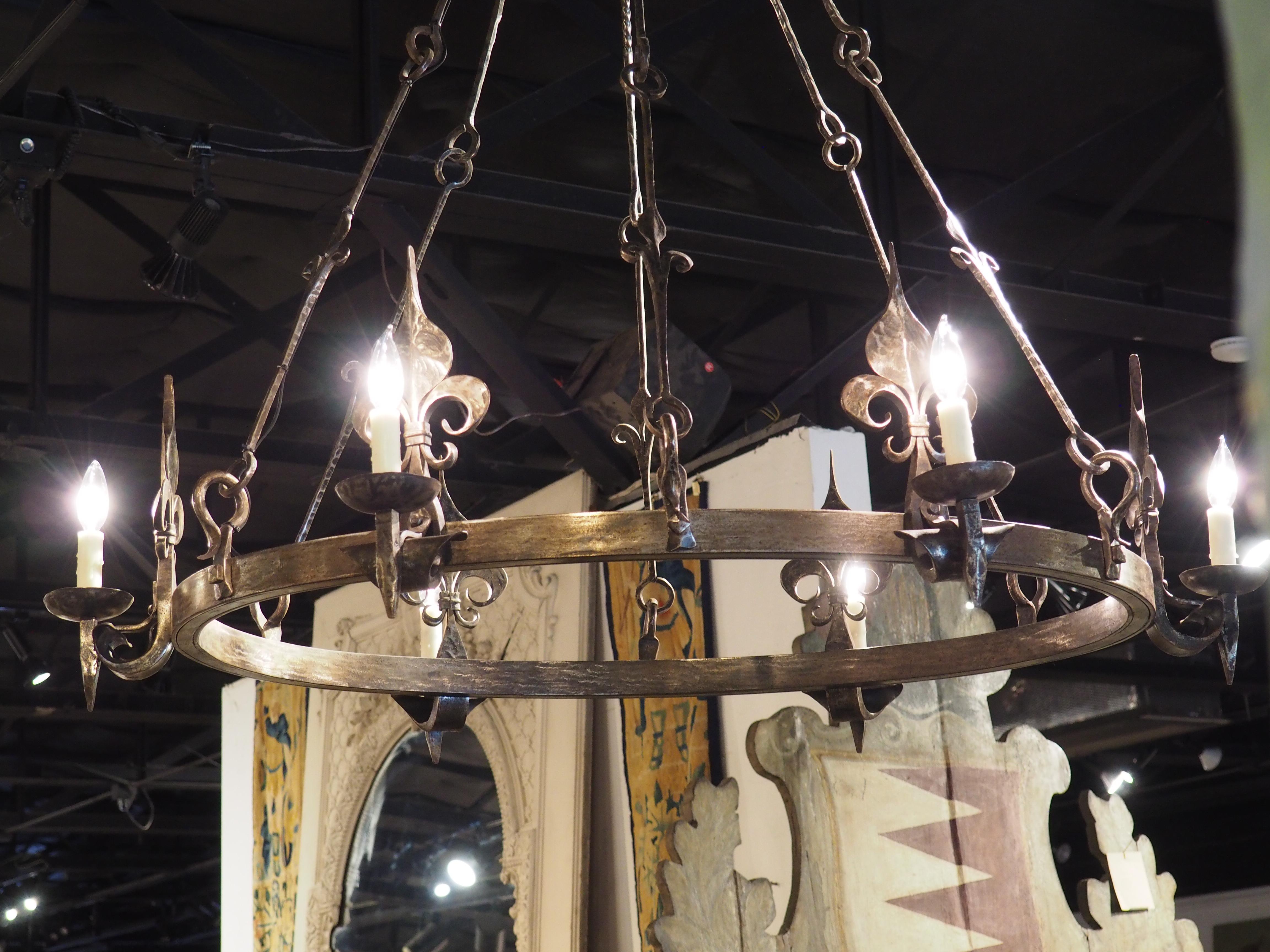 1960s Hand Wrought Iron Oval Fleur De Lys Chandelier from Brittany, France In Good Condition For Sale In Dallas, TX