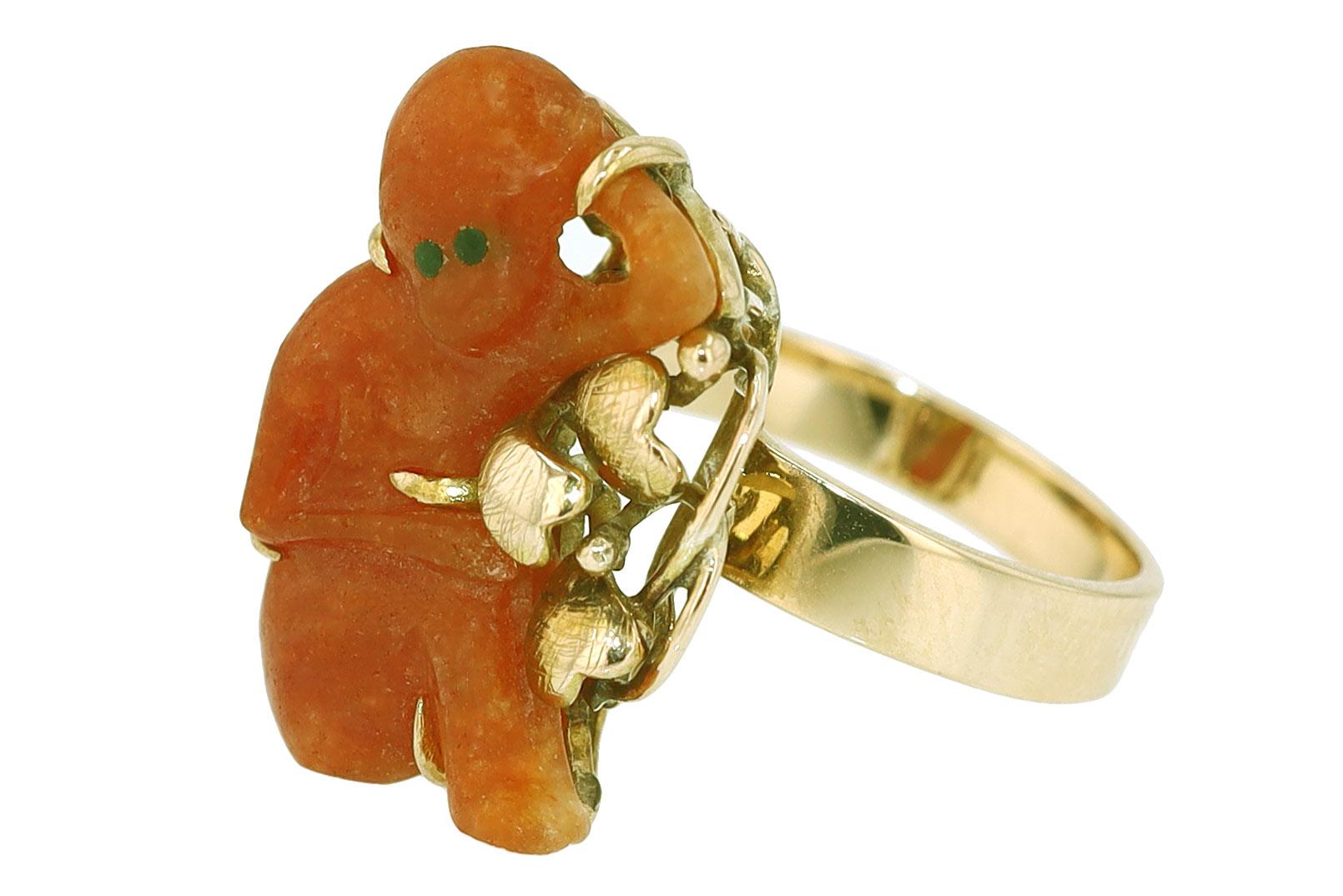 1960s Handcarved Carnelian Baby Monkey Ring In Good Condition In Santa Barbara, CA