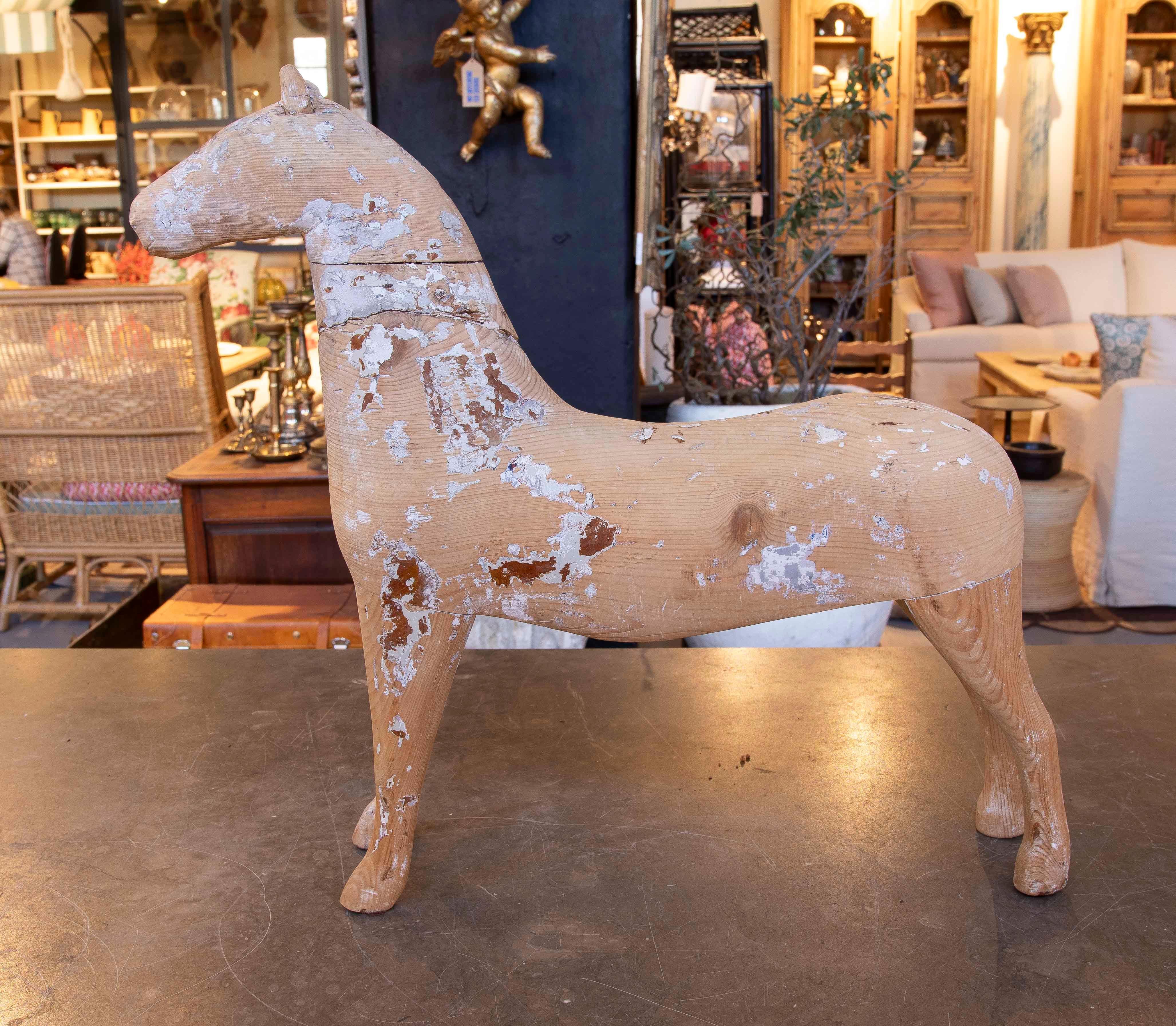 Spanish 1960s Handcrafted Wooden Horse Sculpture with Aged Finish