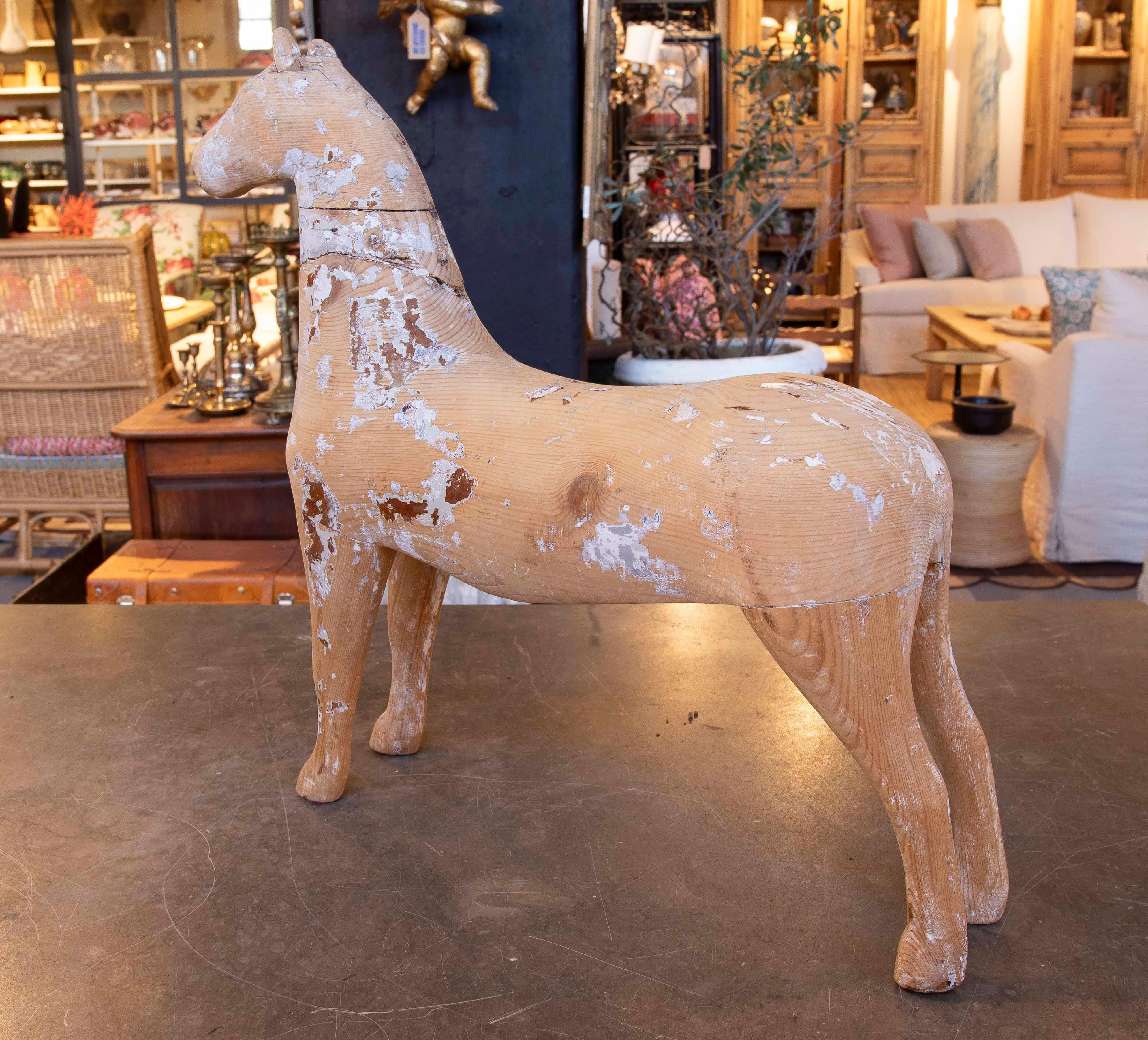 Hand-Carved 1960s Handcrafted Wooden Horse Sculpture with Aged Finish