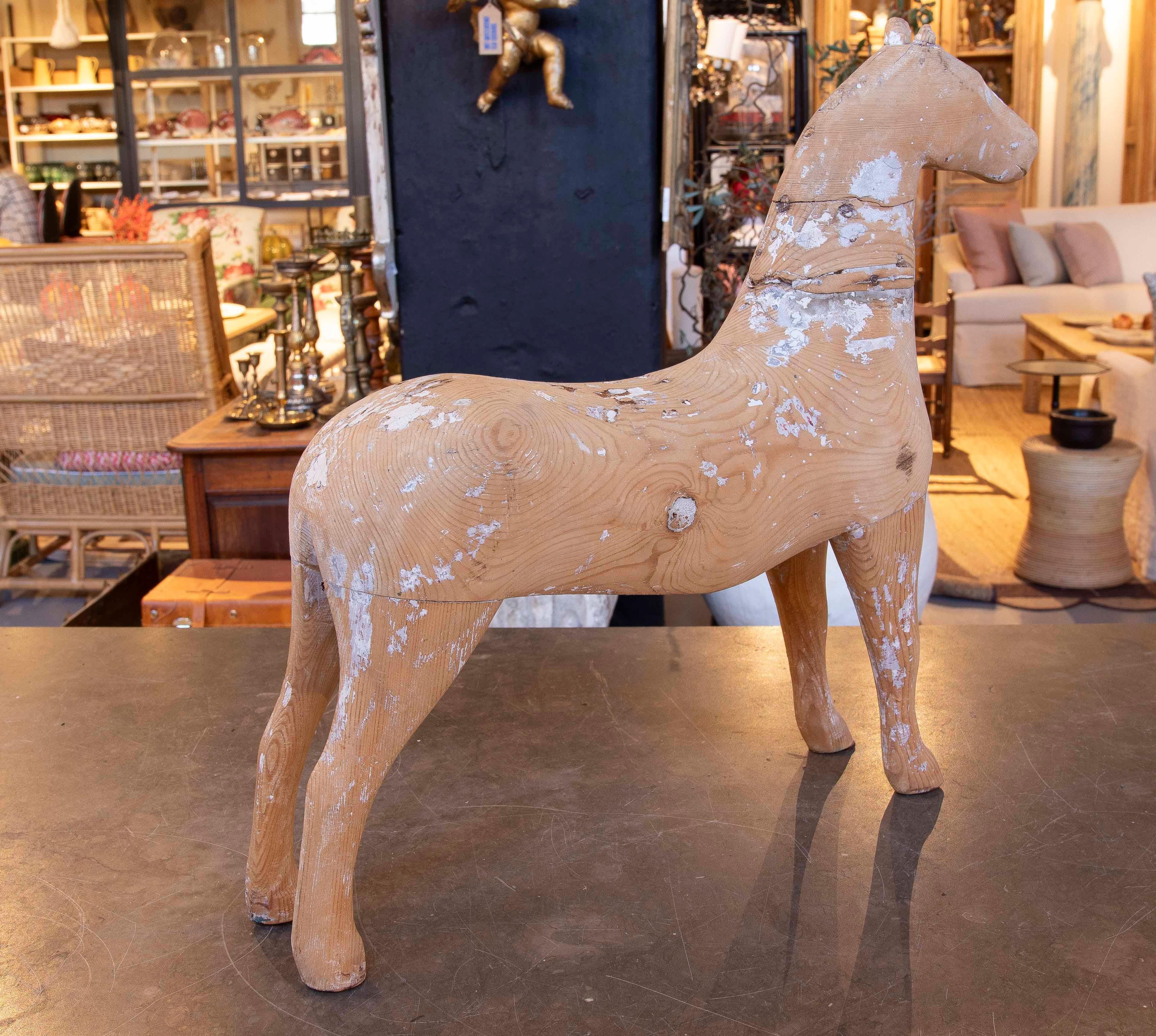 1960s Handcrafted Wooden Horse Sculpture with Aged Finish In Good Condition In Marbella, ES
