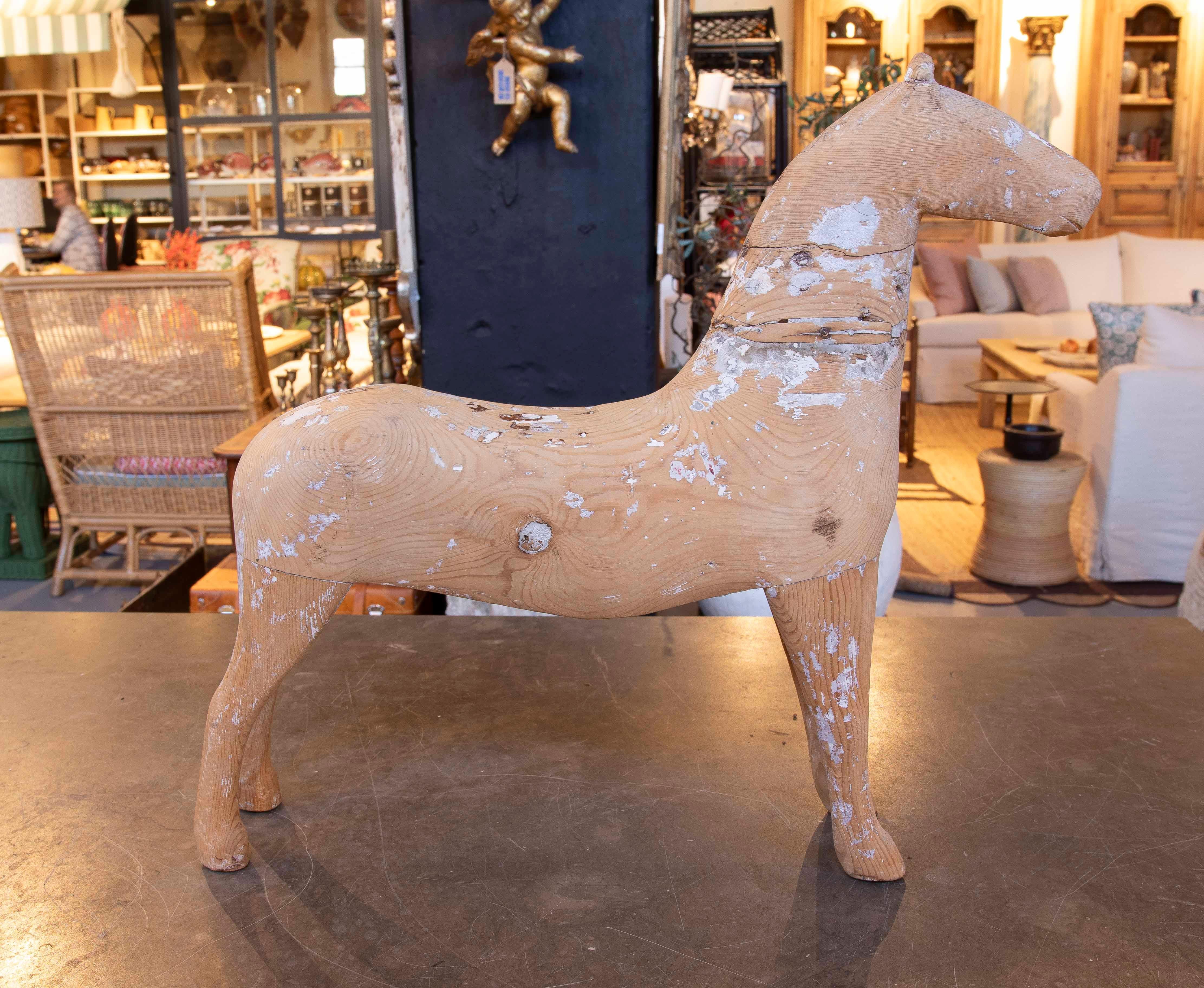 20th Century 1960s Handcrafted Wooden Horse Sculpture with Aged Finish