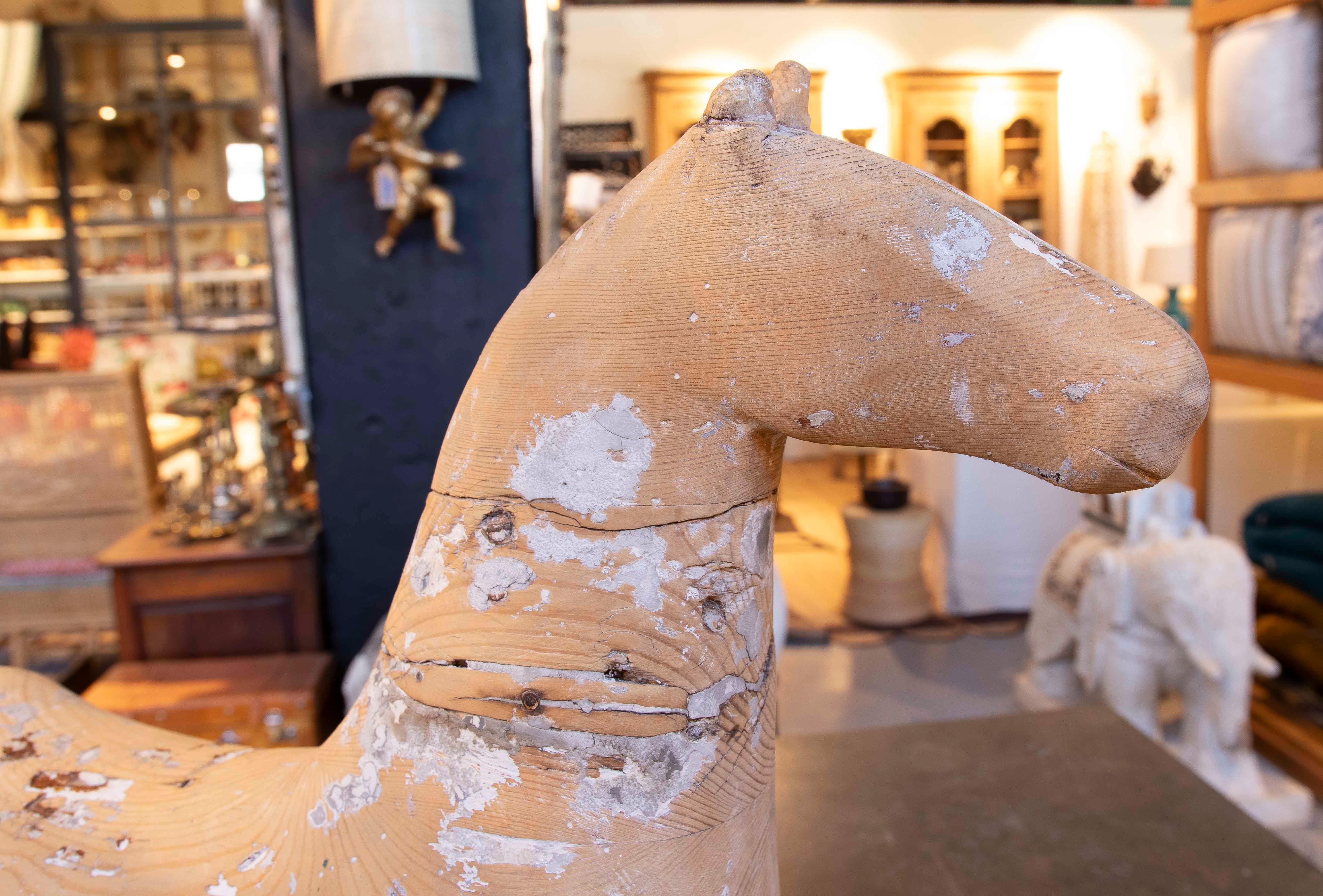 1960s Handcrafted Wooden Horse Sculpture with Aged Finish 1