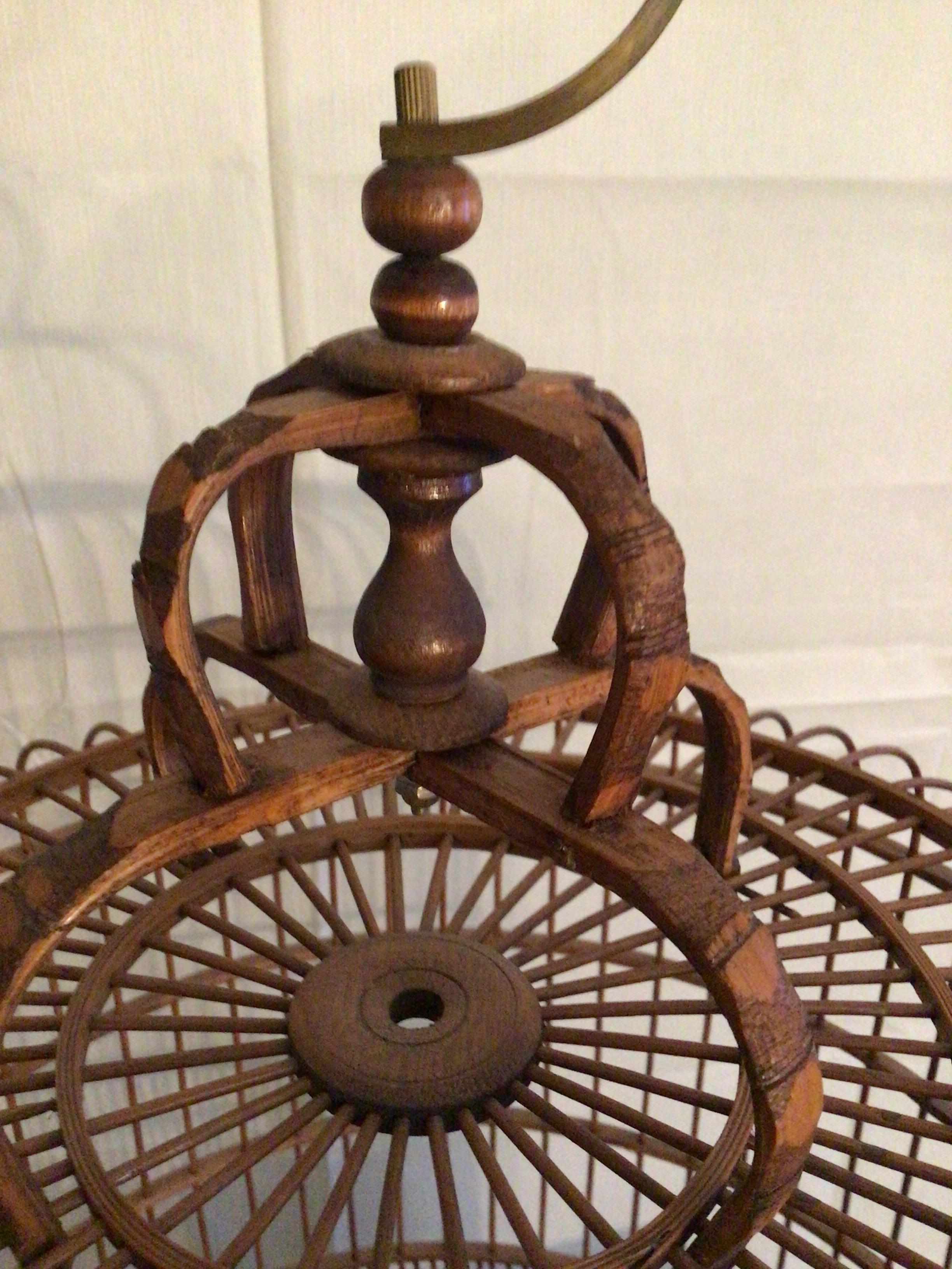 1960s Handmade Bamboo Wood Birdcage With Brass Hook  In Good Condition For Sale In Tarrytown, NY