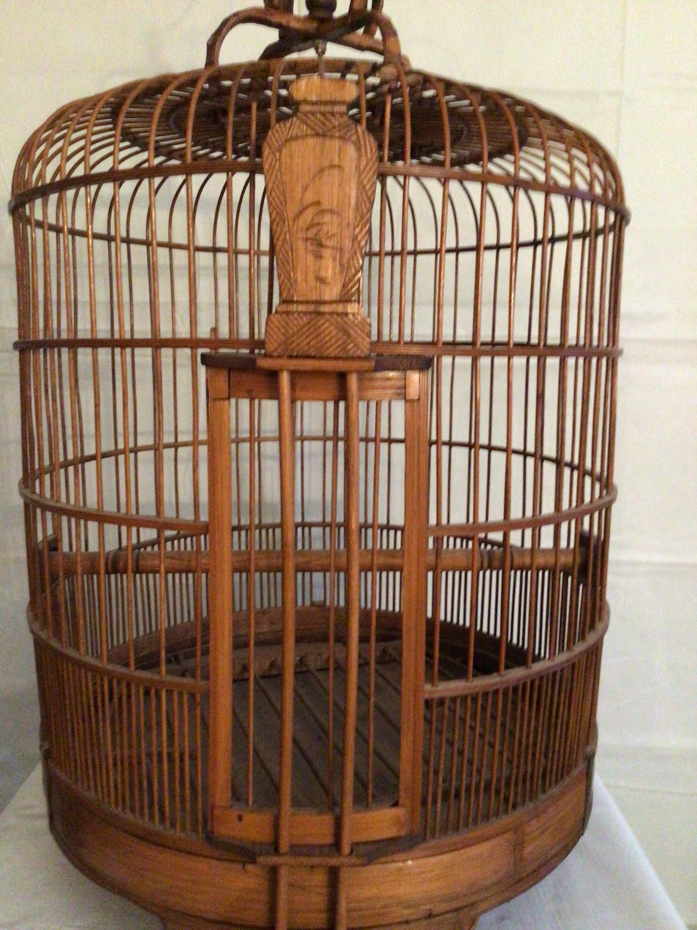 Mid-20th Century 1960s Handmade Bamboo Wood Birdcage With Brass Hook  For Sale
