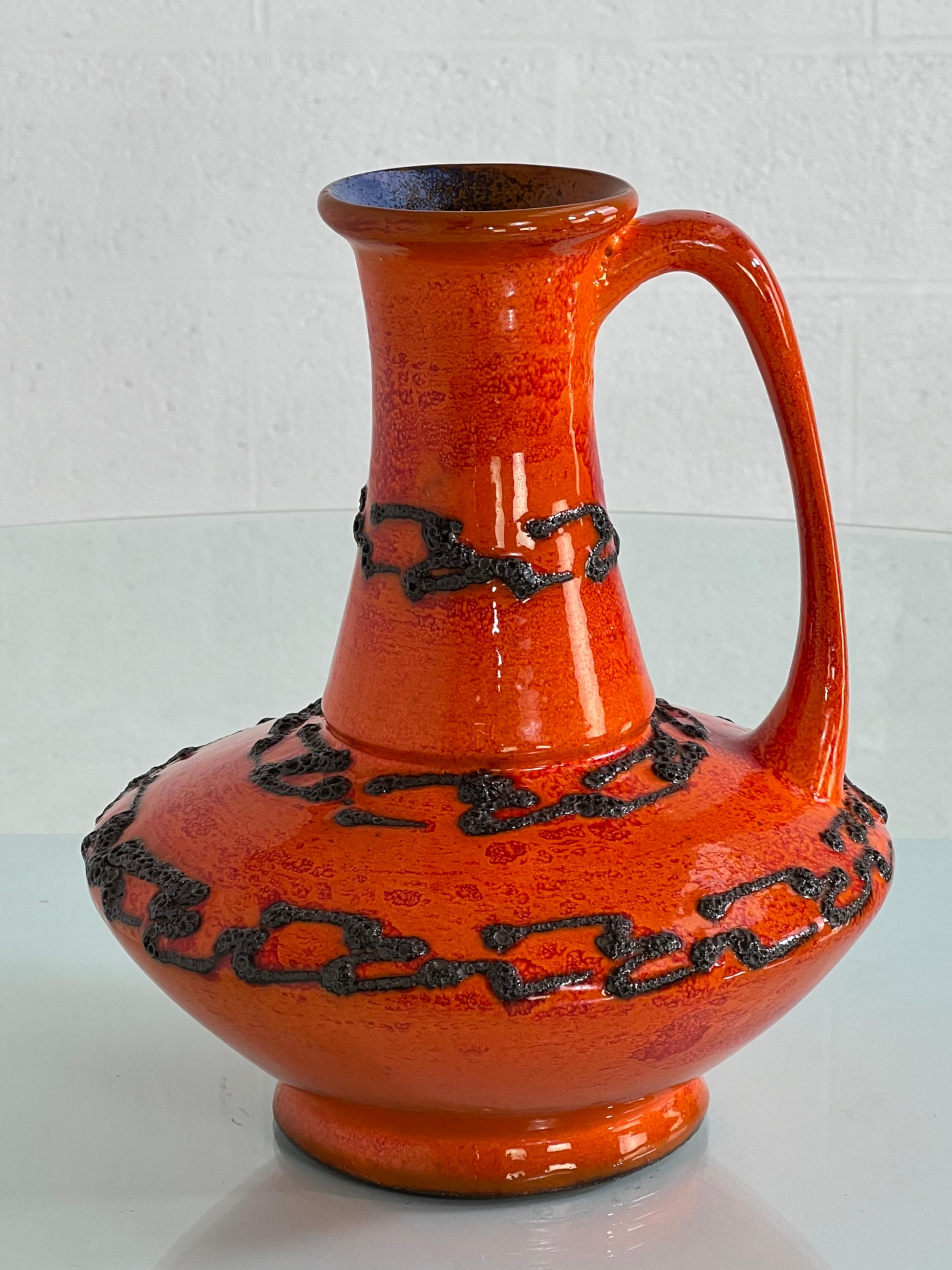 1960s West Germany Handmade Ceramic Pitcher Vase in amazing orange and black color 