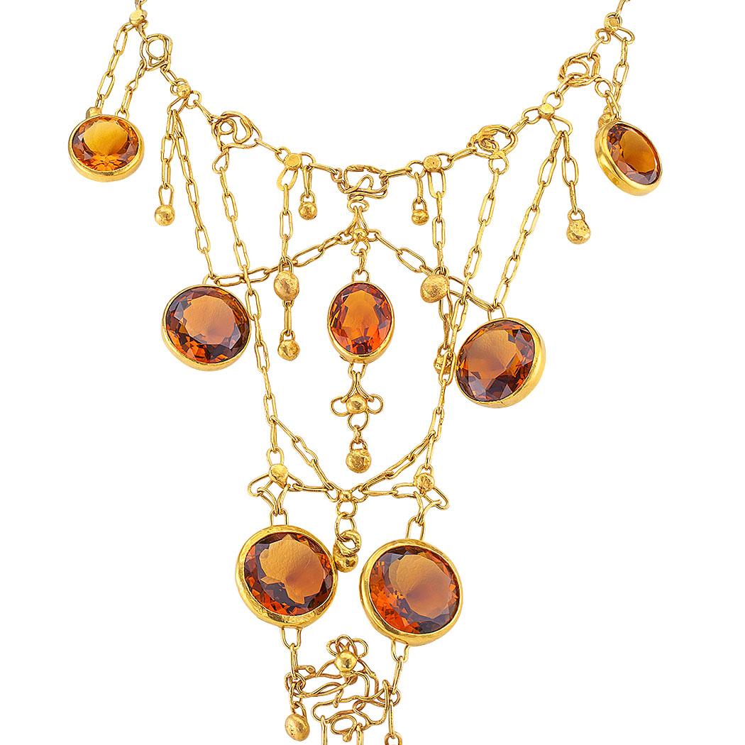 Round Cut 1960s Handmade Citrine Yellow Gold Bib Necklace For Sale