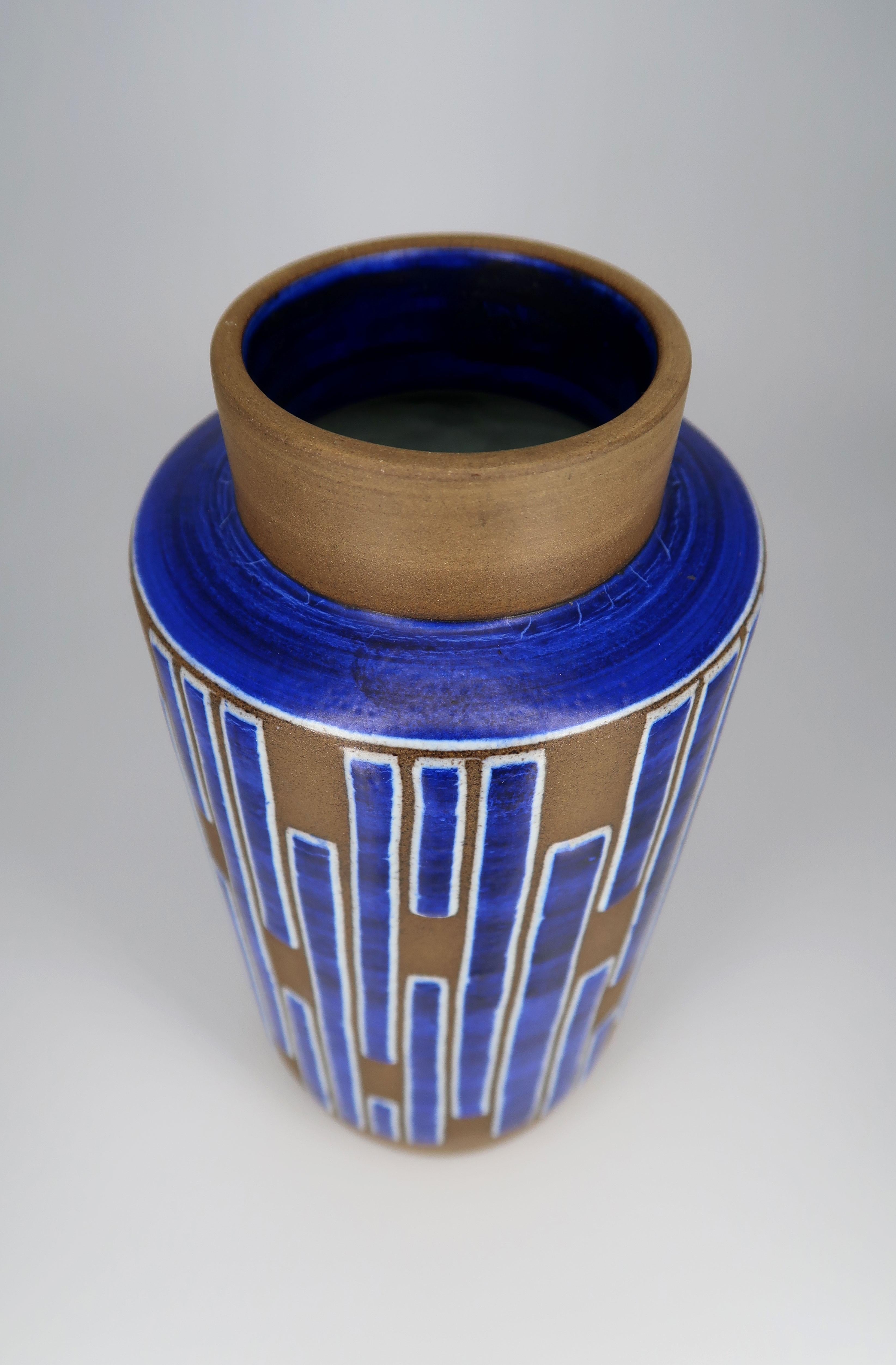 Mid-Century Modern Cobalt Blue Striped Ceramic Vase, Denmark, 1960s For Sale