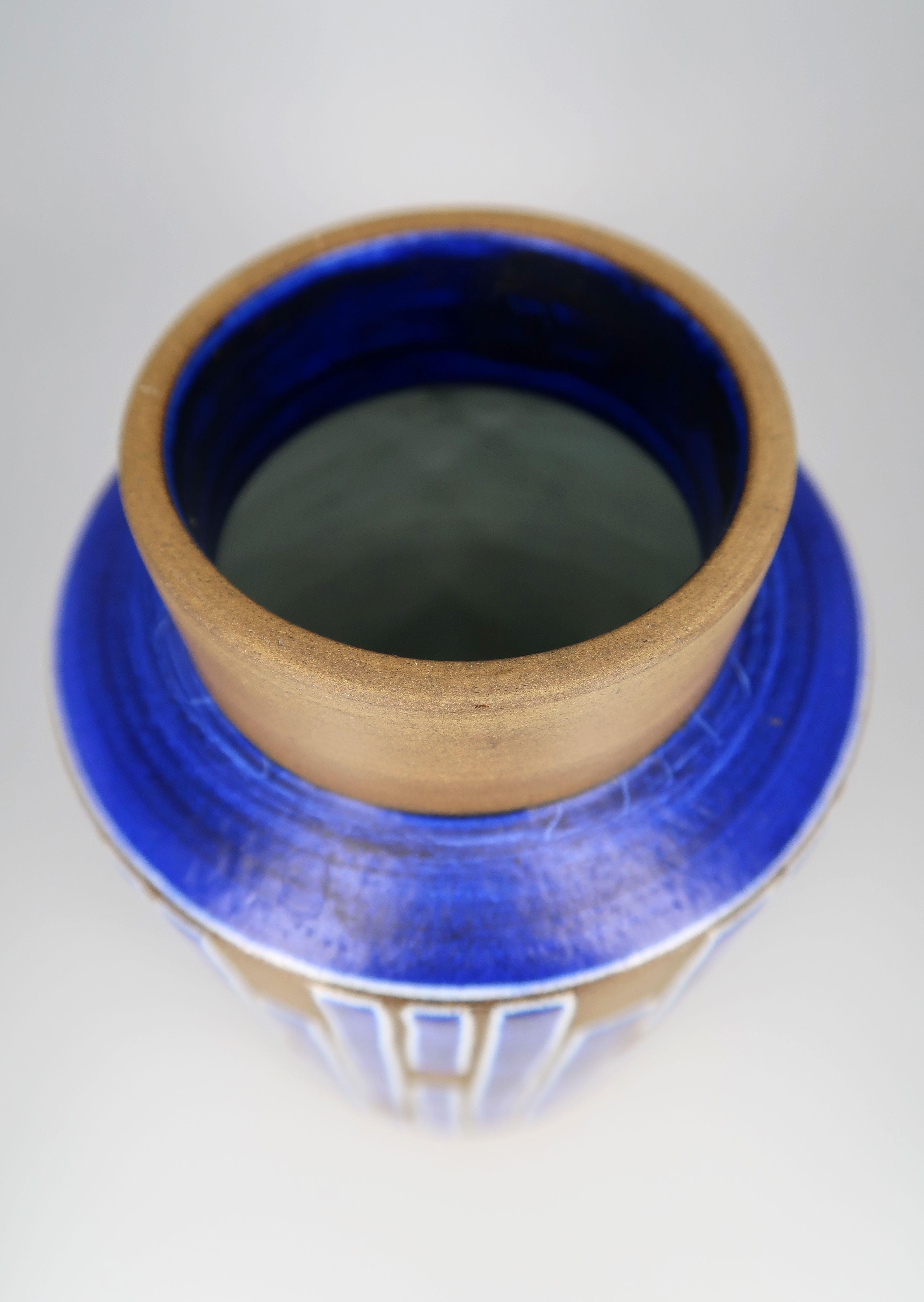Unglazed Cobalt Blue Striped Ceramic Vase, Denmark, 1960s For Sale