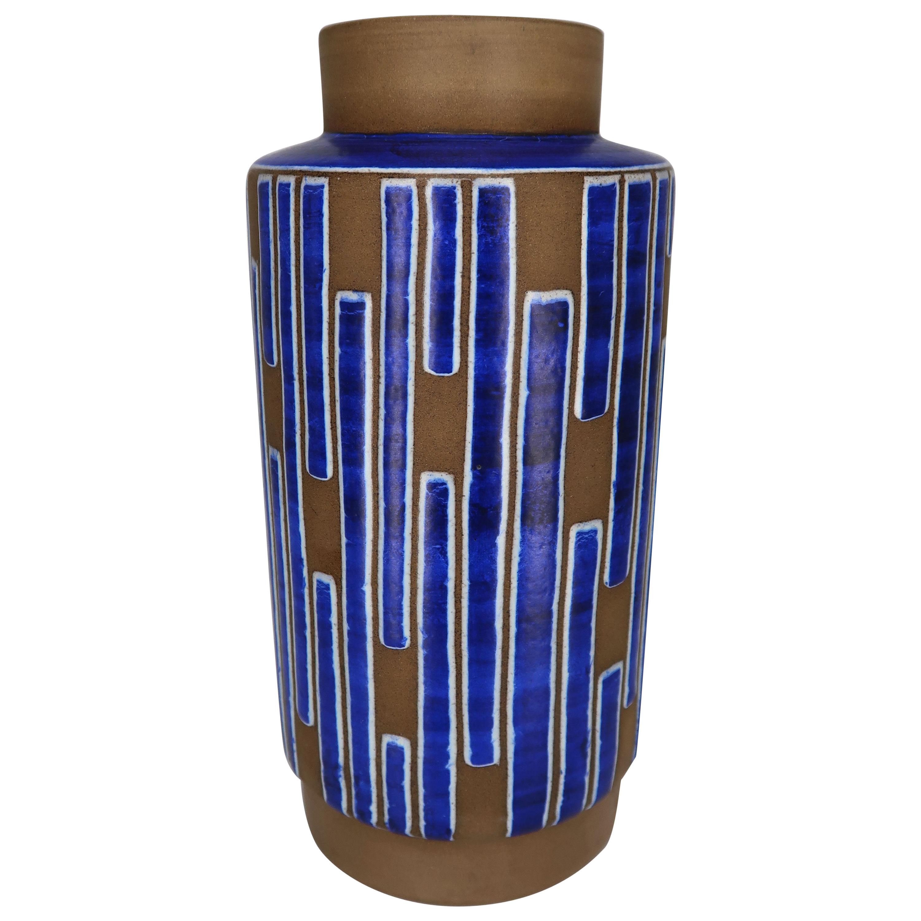 Cobalt Blue Striped Ceramic Vase, Denmark, 1960s For Sale