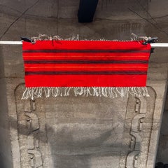 1960s Handmade Fringed Red Stripe Woven Textile Art Tapestry