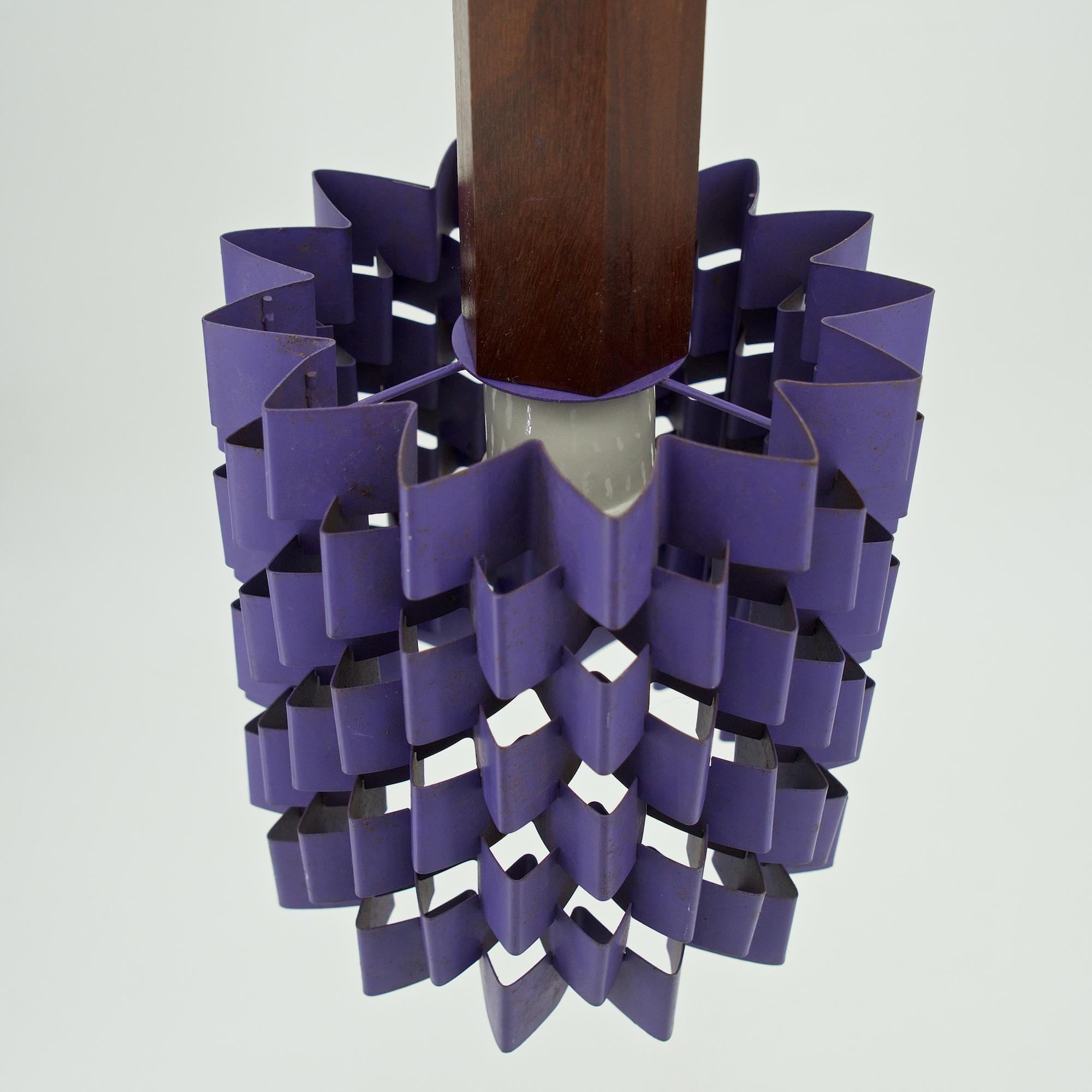1960s Hanging Purple Pineapple Pendant Lamp with Teak Lyfa Folsgaard Danish In Fair Condition For Sale In Hyattsville, MD