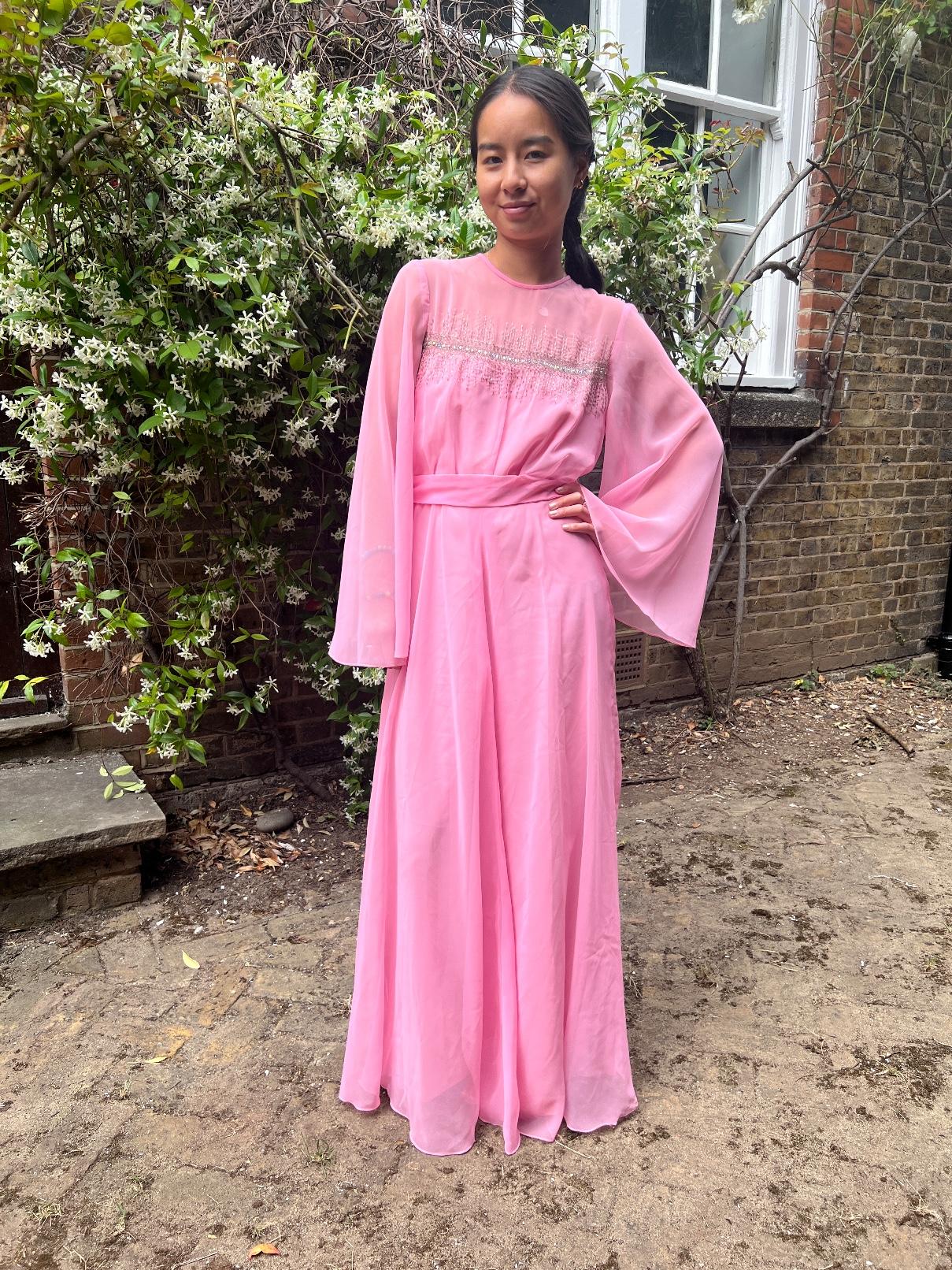 1960s Hannalore Pink Chiffon Beaded Maxi Dress For Sale 2