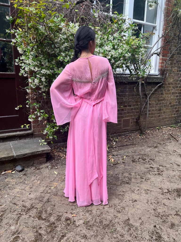 1960s Hannalore Pink Chiffon Beaded Maxi Dress For Sale at 1stDibs