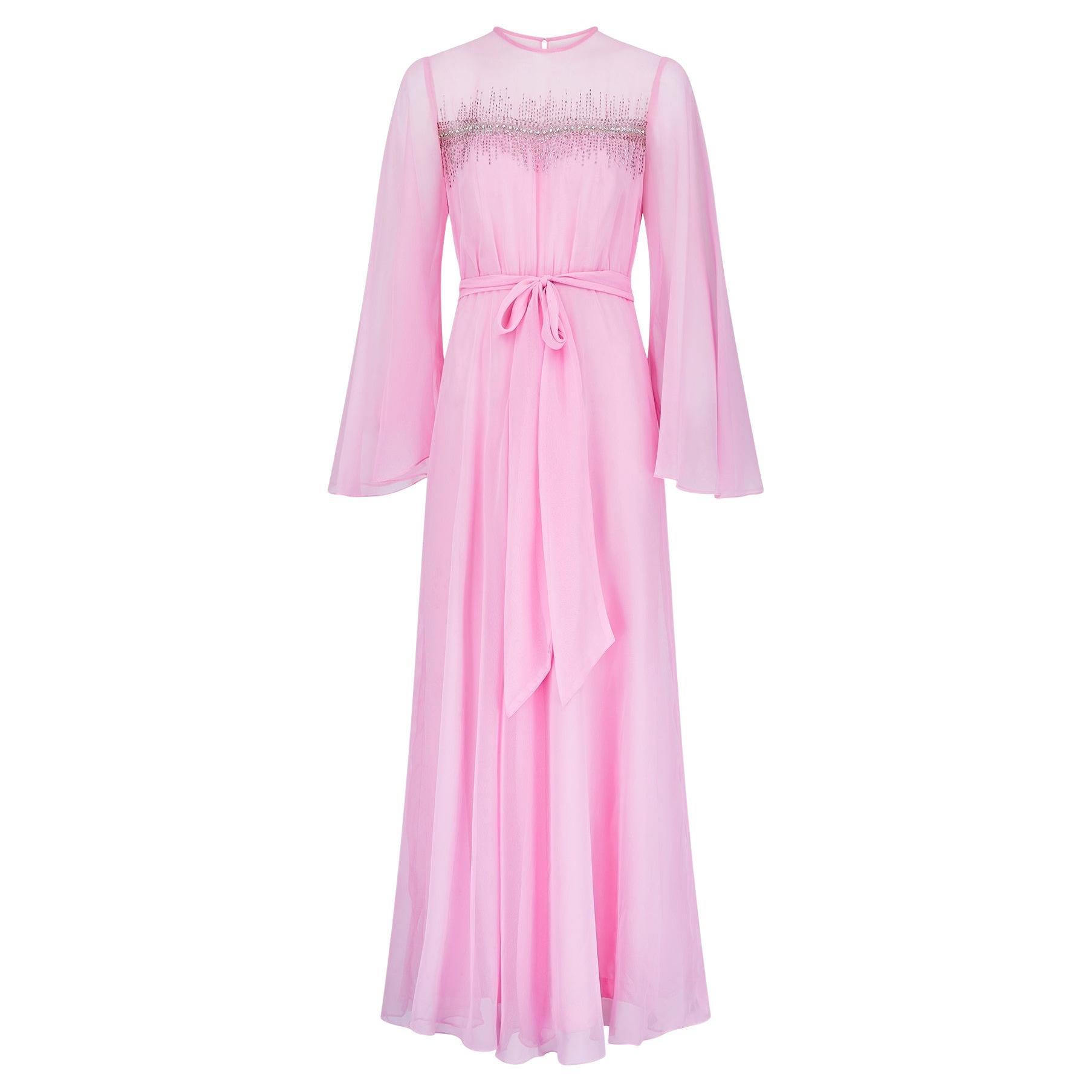 1960s Hannalore Pink Chiffon Beaded Maxi Dress For Sale