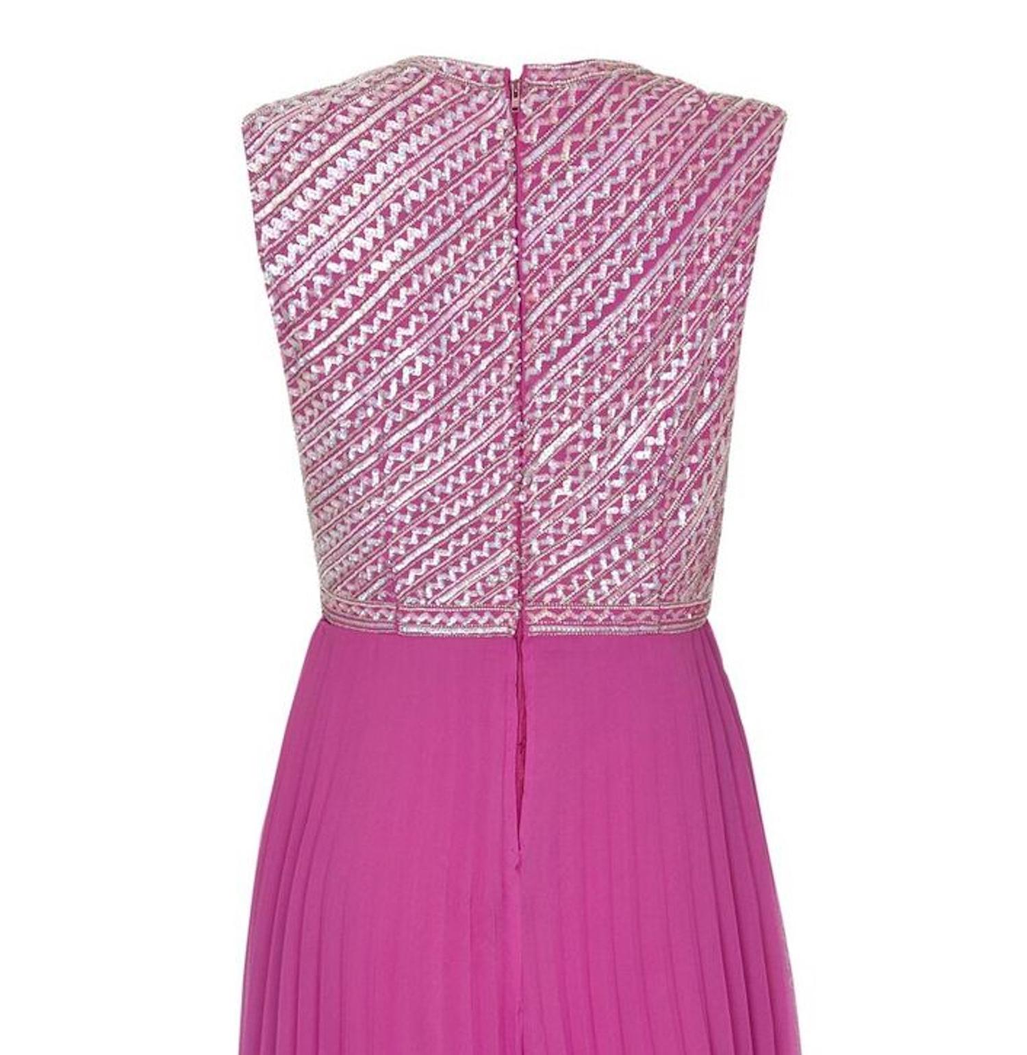 1960s Hannalore Pink Silk Chiffon Sequined Pleated Dress  In Excellent Condition For Sale In London, GB