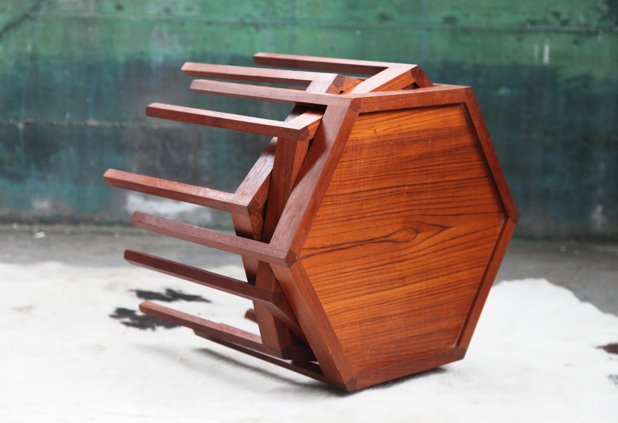 Mid-Century Modern 1960s Hans Andersen Artex Teak Stacking Hexagonal Tables, Set of 3 For Sale