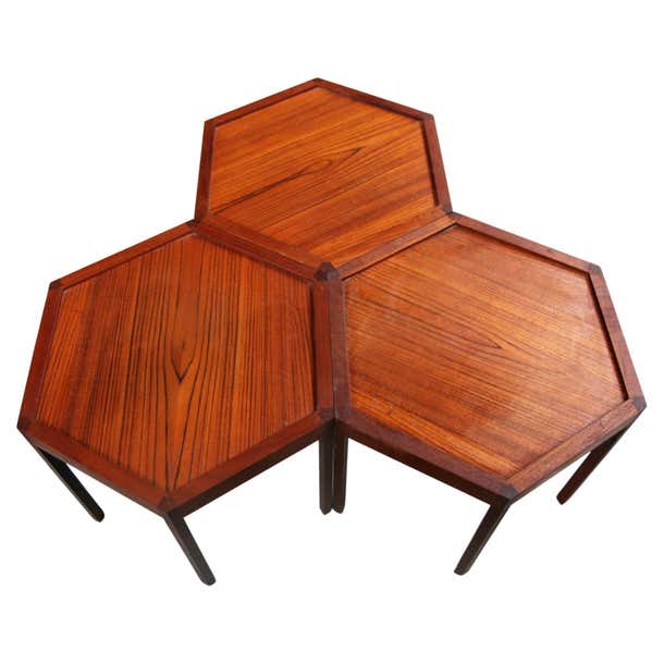 Exaonal Table 1960s Hans Andersen Artex Teak Stacking Hexagonal Tables, Set of 3 For ...