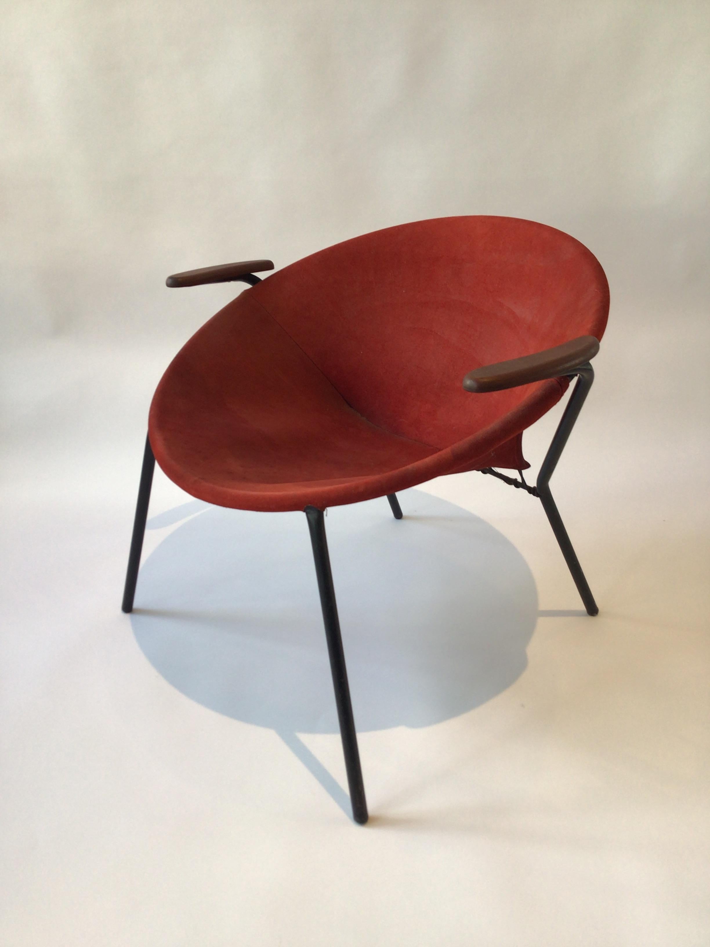1960s Hans Olsen Balloon / Hoop chair in red suede. Teak arms, iron legs. Purchased from a Southampton, NY estate.