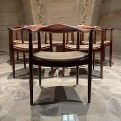 1960s Style Hans Wegner Set of Six Dining Chairs Round Teakwood Cream Leather